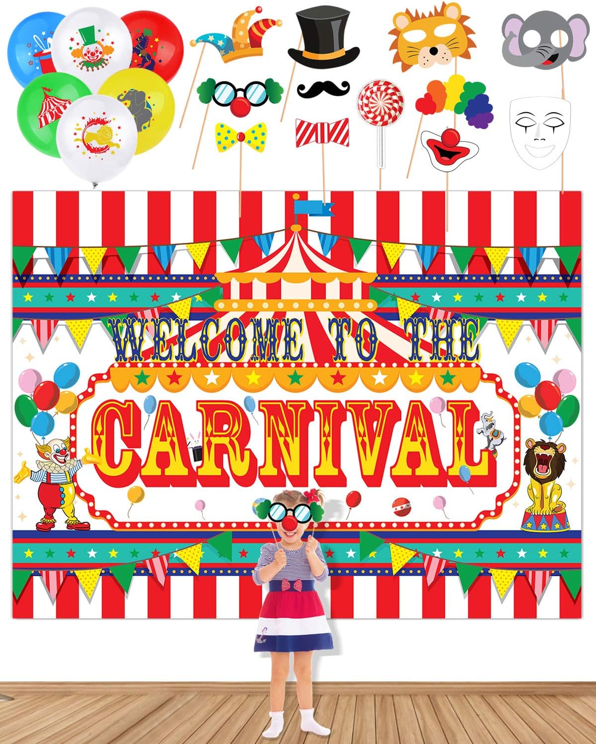 Circus Banner Backdrop with 20 Balloons & 11 Photo Booth Props for Carnival Party Supplies