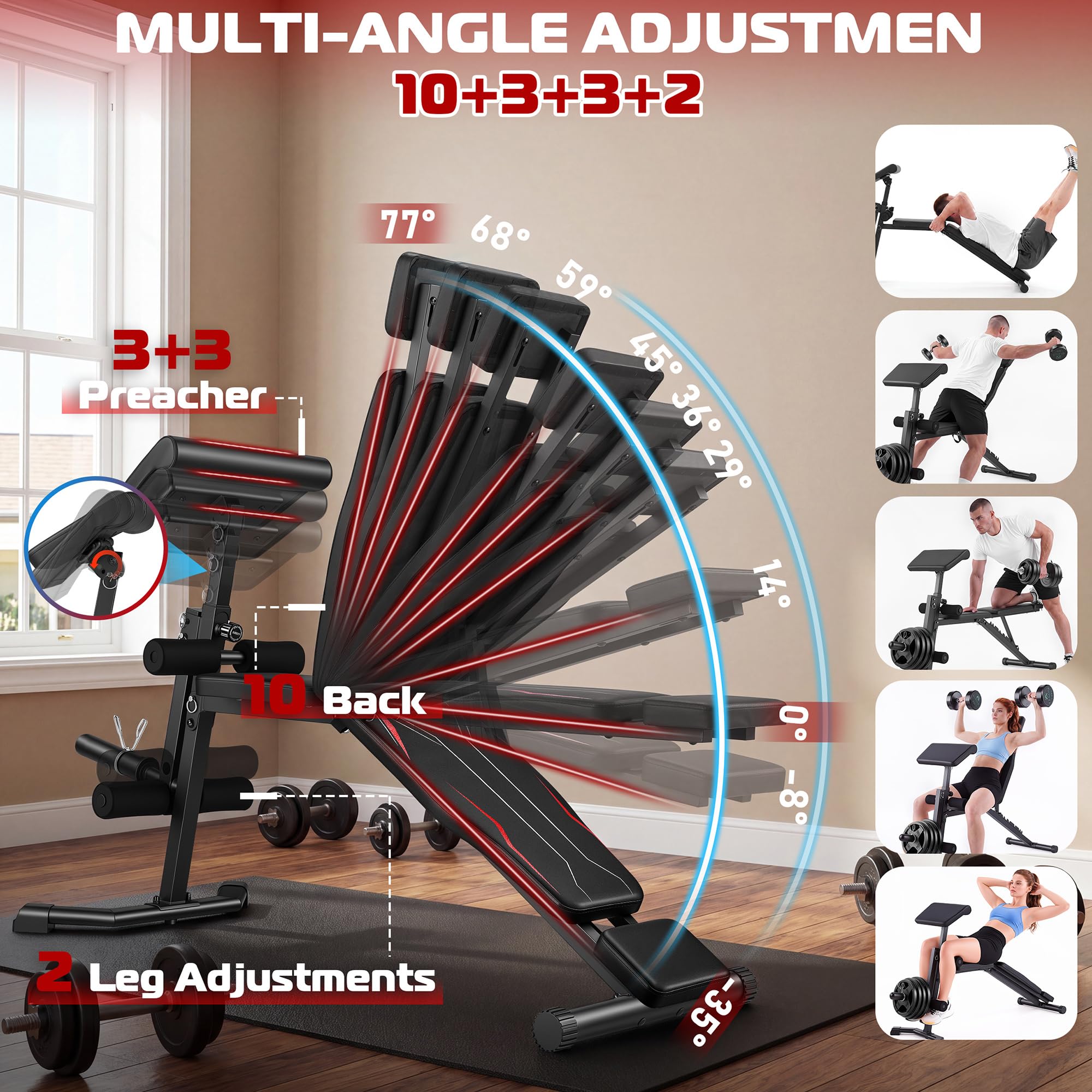 OPPSDECOR Adjustable Weight Bench, 800 LBS Foldable Workout Bench with Leg Extension & Preacher Curl, Extended Headrest, Incline Decline Flat, Heavy Duty Bench Press for Home Gym Strength Training