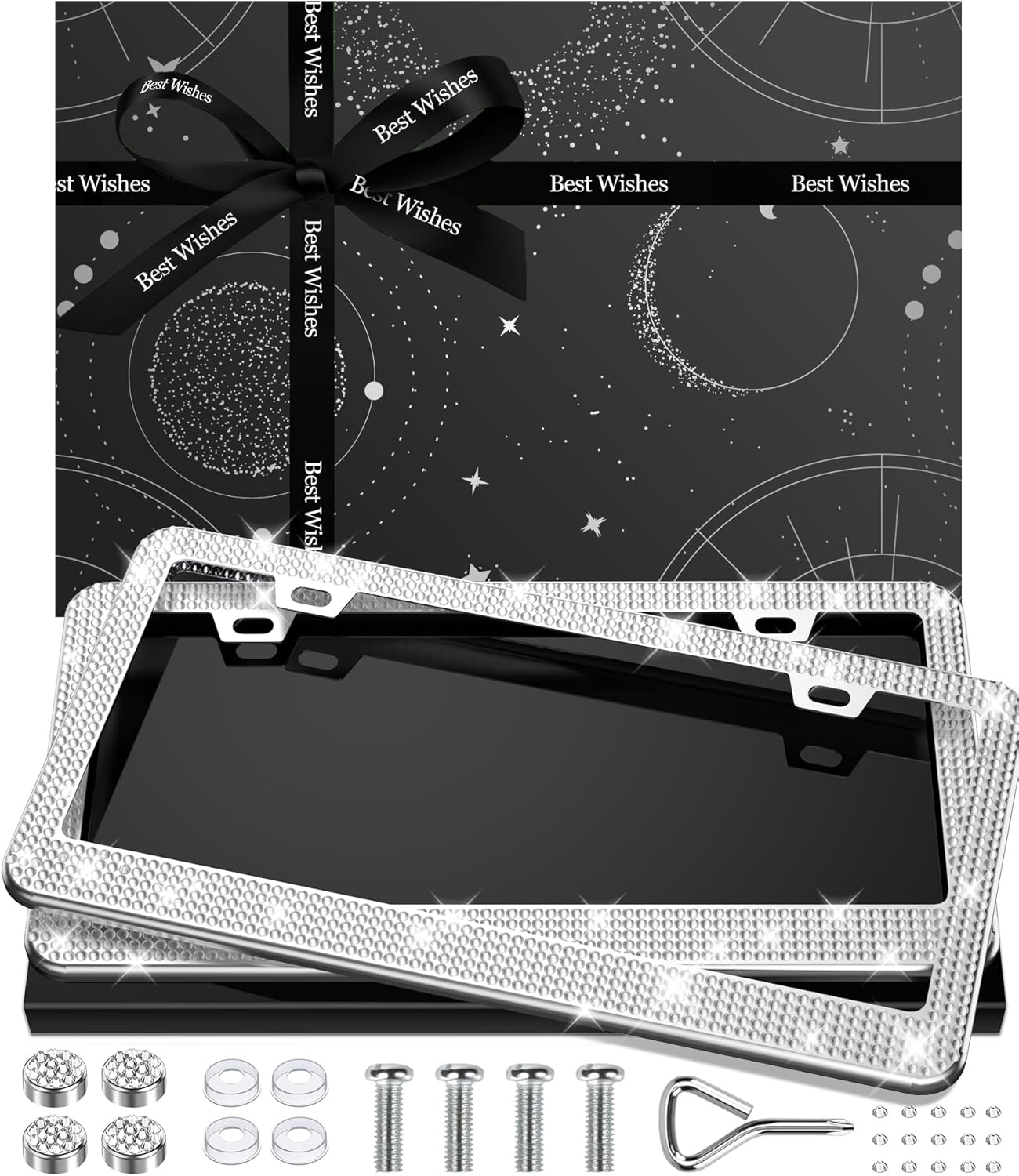 AUJEN Bling License Plate Frame for Women, Stainless Steel Cute Car Accessories, Lasting Sparkly License Plate Holder with Diamond Rhinestone Crystals, 2 Pack Gift Box Set, White, 12.1" x 6.1"