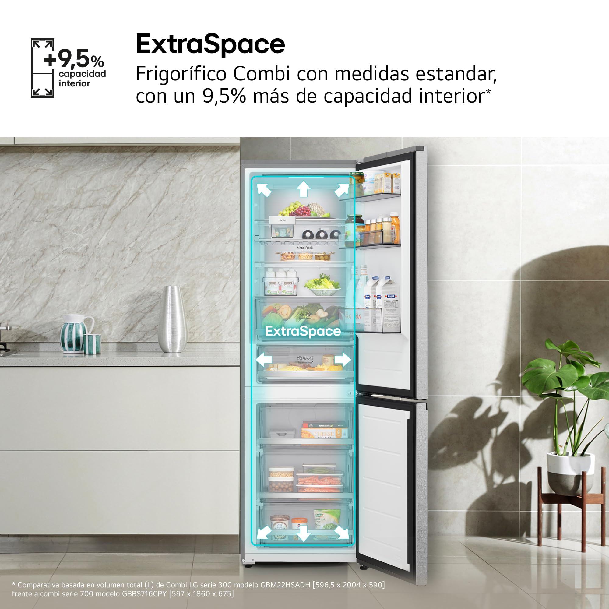 LG GBBS716AMB - Frigorífico Combi DoorCooling+, 1,86m, Clasificación A, Serie 700, Capacidad de 333l, Acero texturizado antihuellas