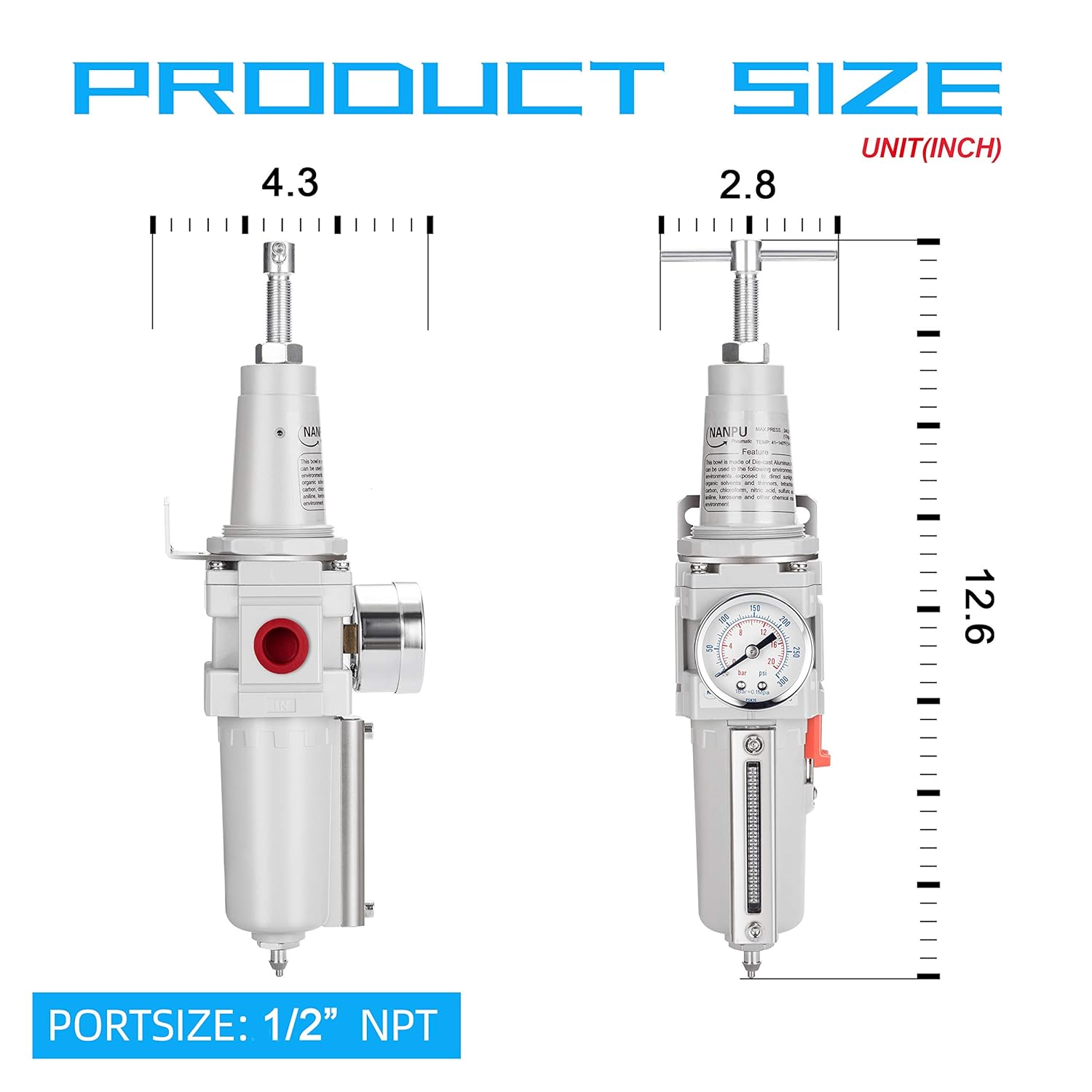 NANPU 1/2" NPT High Pressure Air Filter/Regulator Combo, T-Handle, Semi-Auto Drain, 0-300 Gauge, Metal Bowl