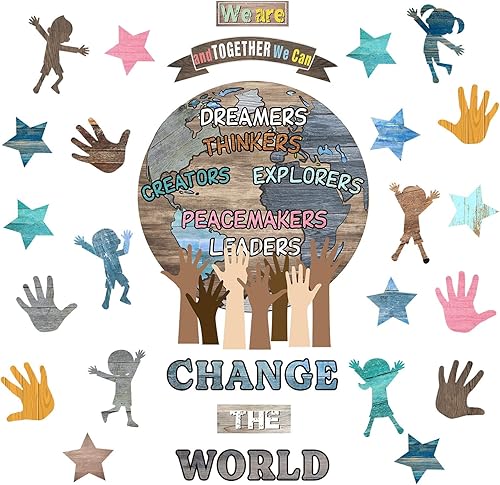 88 piezas de decoración de pared para el aula de One World Together, We Can Change The World, recortes de manos con recortes de estrellas para
