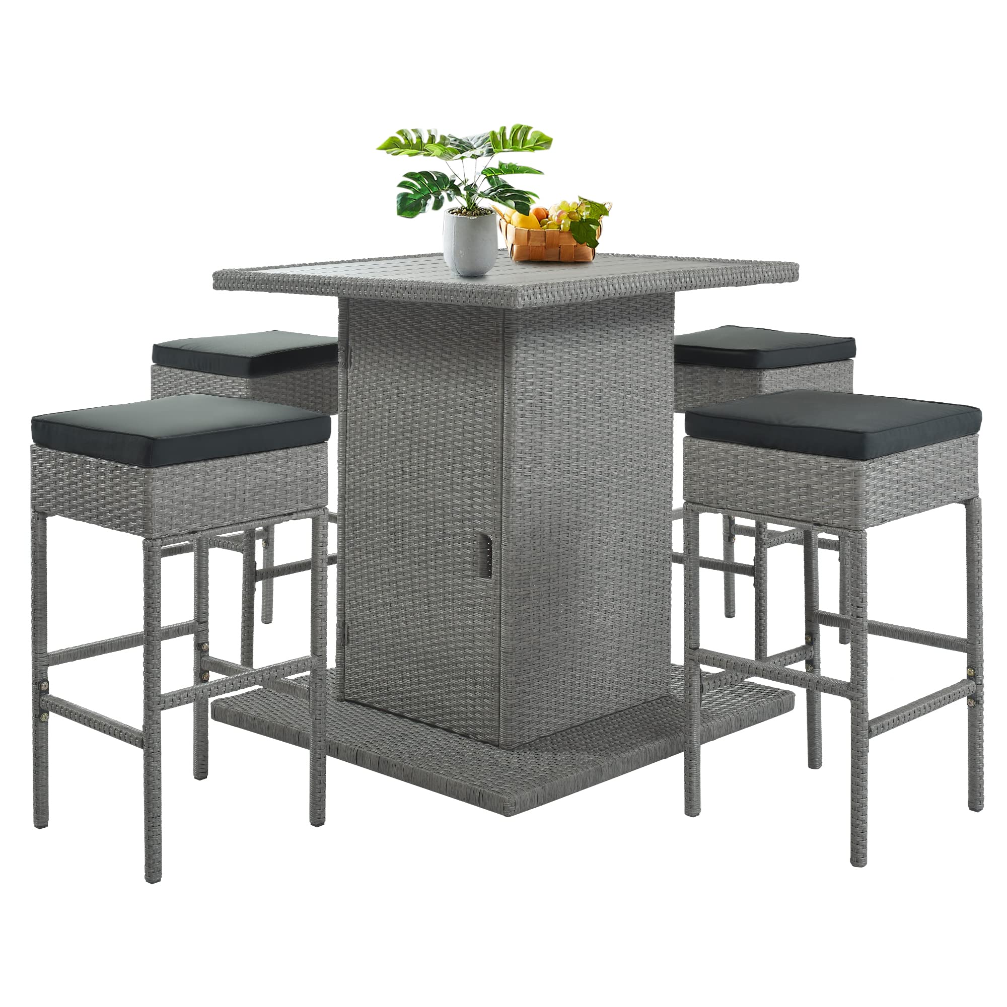 Merax 5 Piece Rattan Outdoor Patio Dining Table Set with 4 Stools/Bar Height Chairs and Storage Shelf for Poolside, Garden, Gray