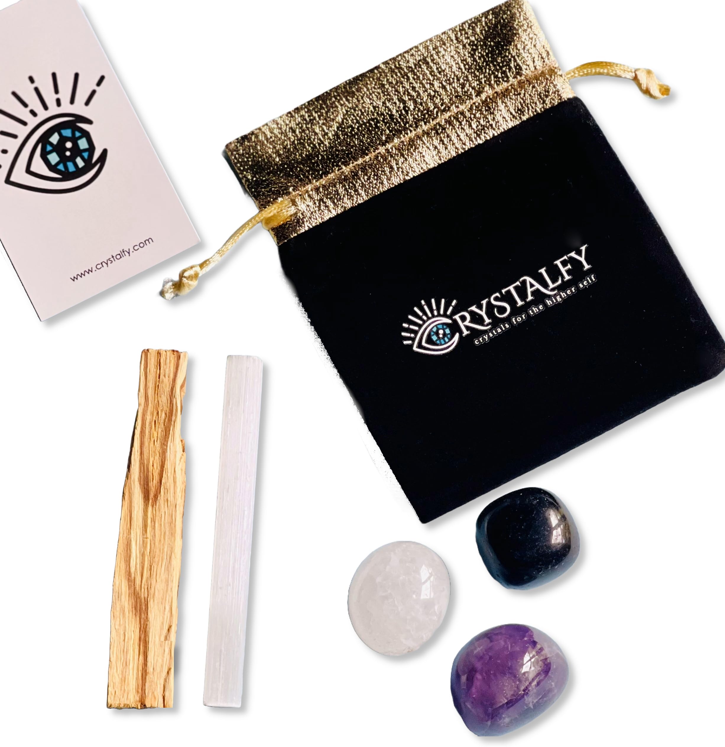 CRYSTALFYKit : Energy Cleansing|Home Protection Set| Ritual|New Home Gift|Manifestation Altar| Palo Santo Smudging|Selenite Wand|Obsidian, Clear Quartz & Amethyst Polished Gemstones
