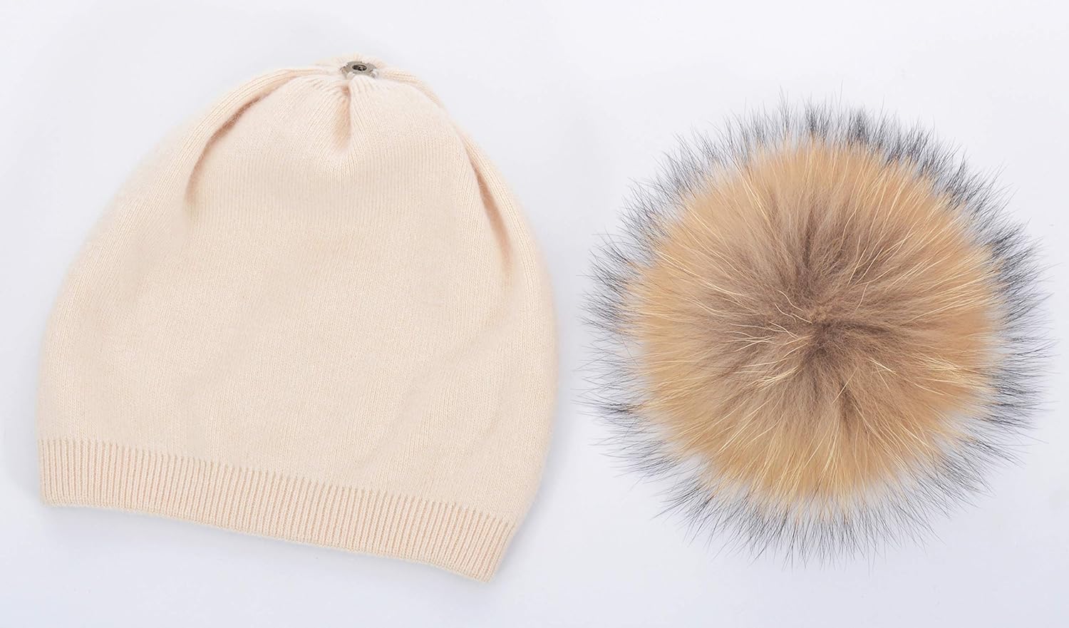 Women's Real Fur Pom Pom Cashmere Wool Blend Winter Slouchy Knit Beanie Hat with Real Pom Pom Beanie Hat - Image 5
