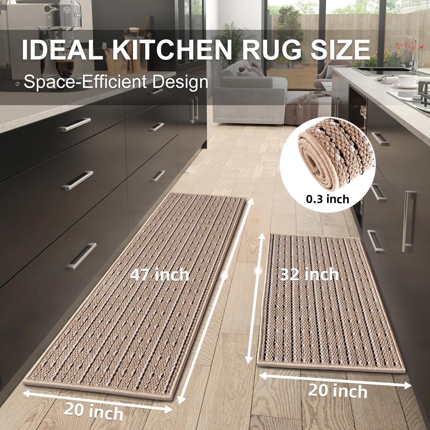 eqivei Kitchen Runner Rugs and Mats Non Skid Washable Set of 2 PCS, 20"x 47"+20"x 32", Absorbent Farmhouse Rugs for Kitchen, Front of Sink, Kitchen Mats for Floor(Beige)