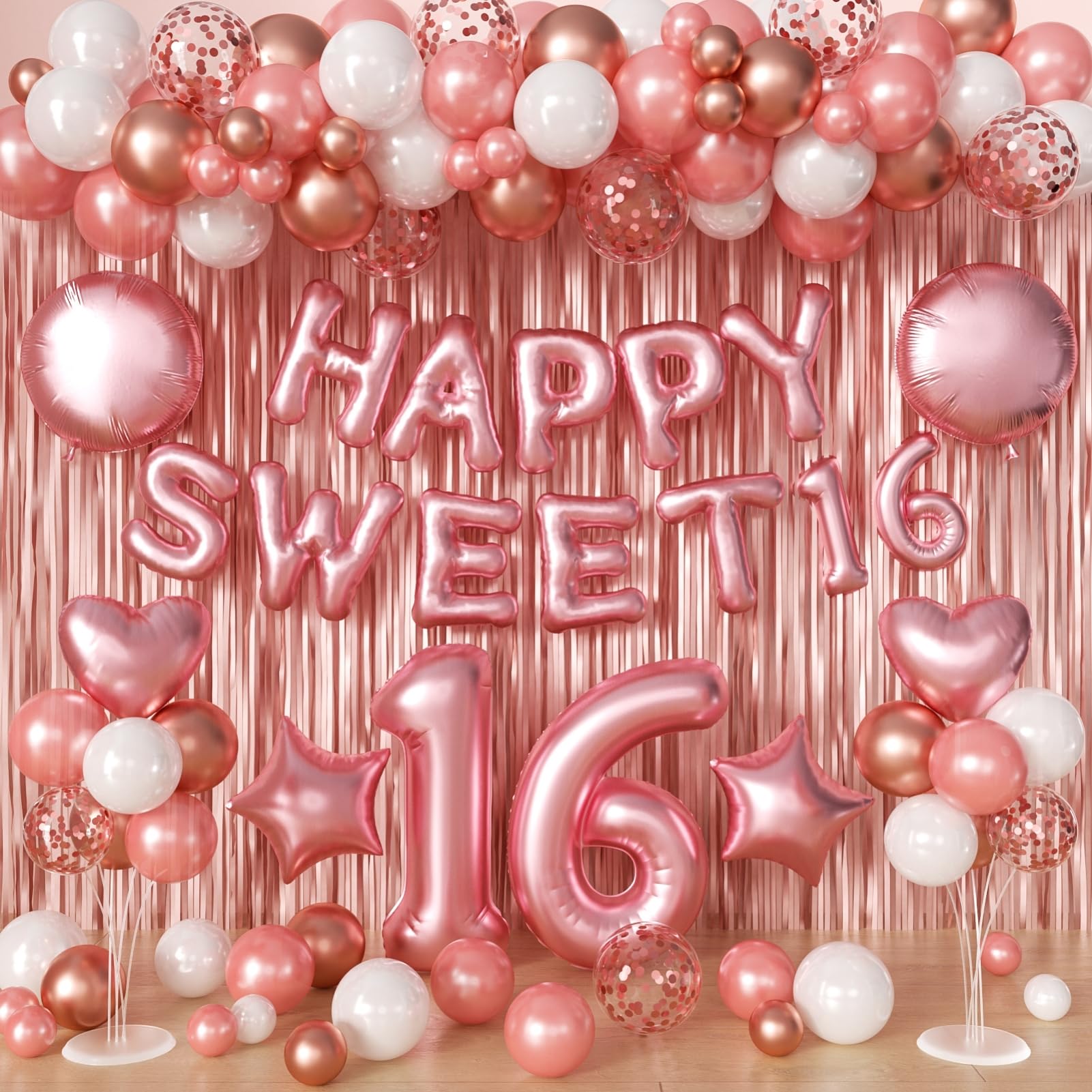 Sweet 16 Party Decorations Rose Gold Girl 16th Happy Birthday Party Supplies with Tassel Curtains Foil Balloons Balloon Garland and Balloon Stand Kit