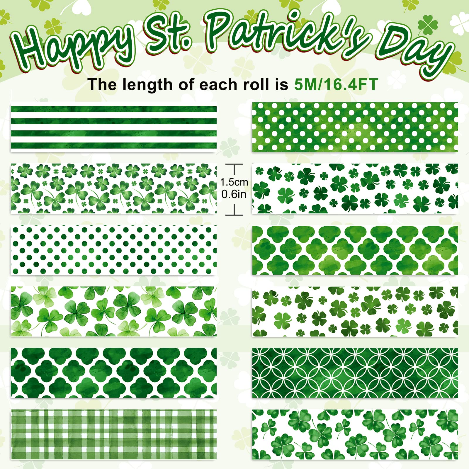 Whaline 12 Rolls St. Patrick's Day Washi Tape Green Washi Masking Tape Lucky Shamrock Clover Pattern Decorative Paper Stickers for Irish Holiday Scrapbook Gift Packing DIY Craft Party Decor, 16.4Ft