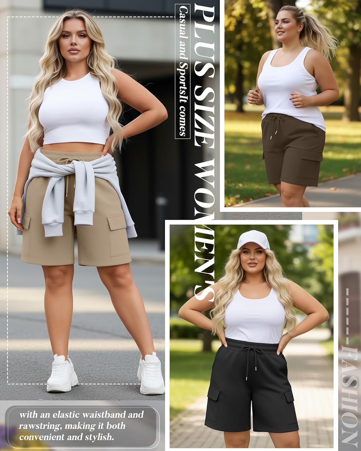 Neer 3 Pack Women's Plus Size Cargo Shorts Elastic Drawstring Bermuda Short Casual Loose Athletic Yoga Shorts with 4 Pockets - Image 4