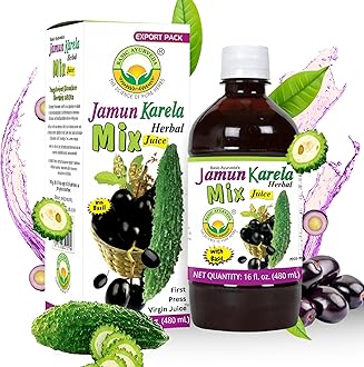 BASIC AYURVEDA Jamun Karela Herbal Mix Juice with Holy Basil | 16.23 Fl Oz (480ml) | Natural Indian Black Berry & Bitter Gourd Juice | Plant-Based Ayurvedic Wellness Drink | No Added Sugar