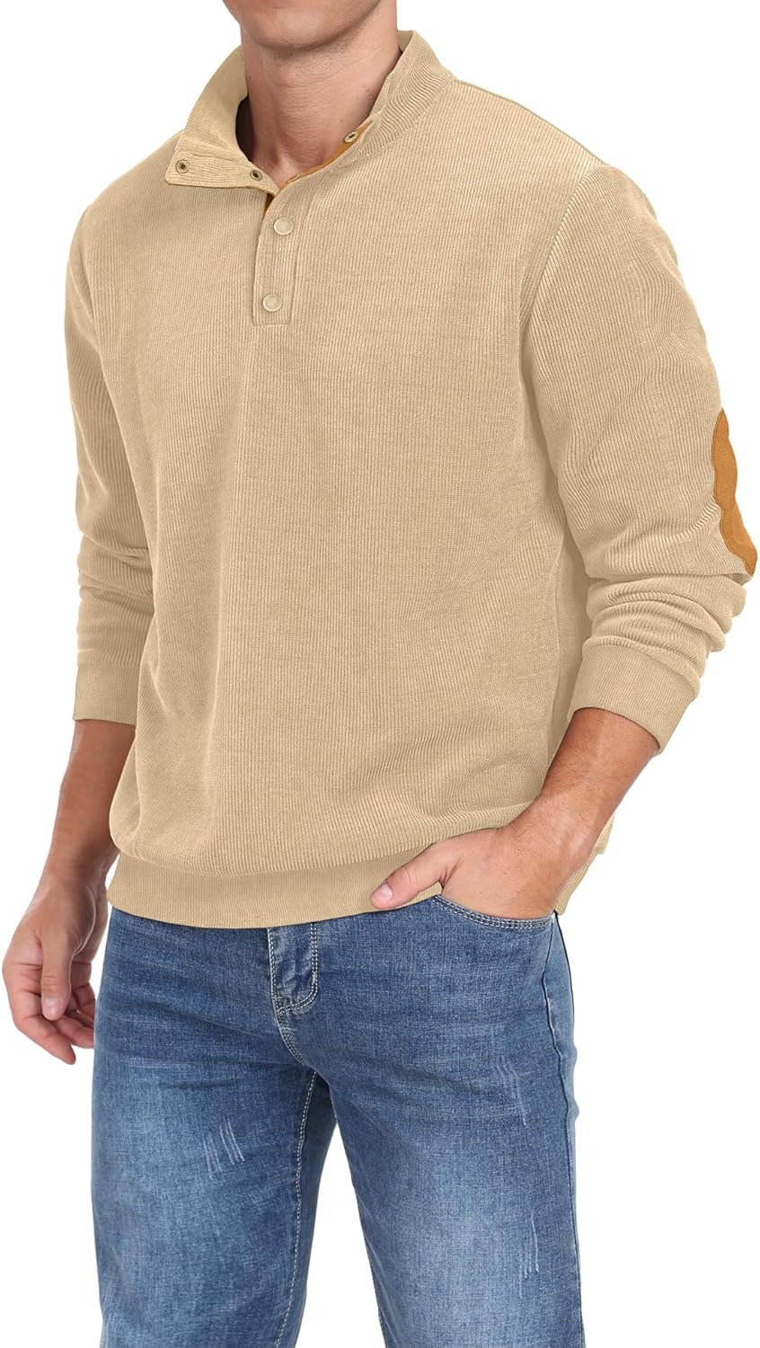 Mens Casual Corduroy Sweatshirt Long Sleeve Stand Collar 1/4 Button Up Pullover Fall Polo Sweaters - Image 4