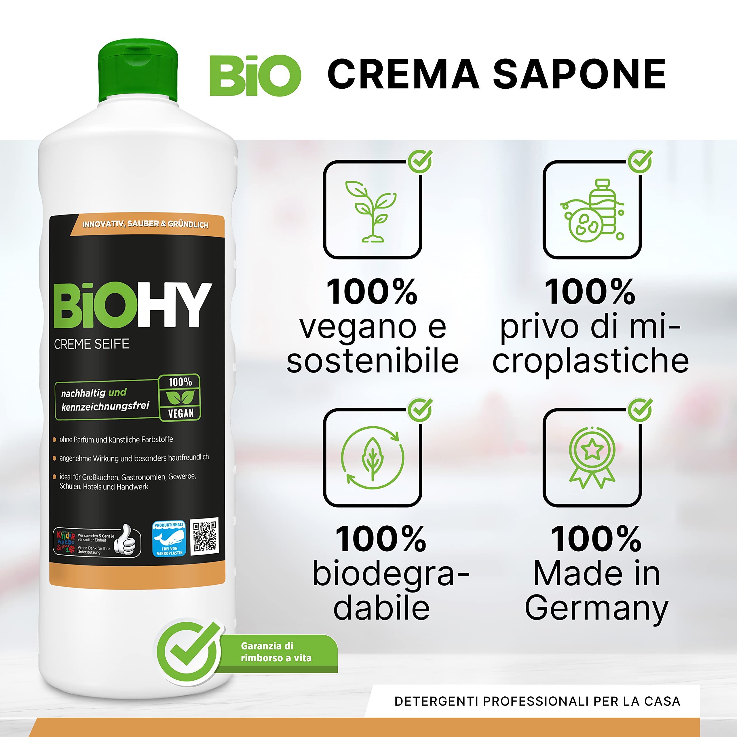 BiOHY Sapone cremoso (Lattina da 10 Litri) | Ricarica di sapone per le mani delicato, idratante e inodore del settore vegetale PRIVO DI FOSFATI | Senza coloranti (Creme Seife)