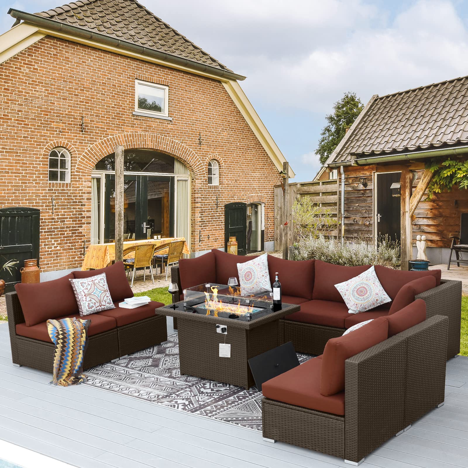 BULEXYARD 9 Piece High Back Outdoor Sectional Couch Set with Fire Pit, Luxury Weather-Resistant Patio Furniture Set, Comfy Extra Large 8-Person