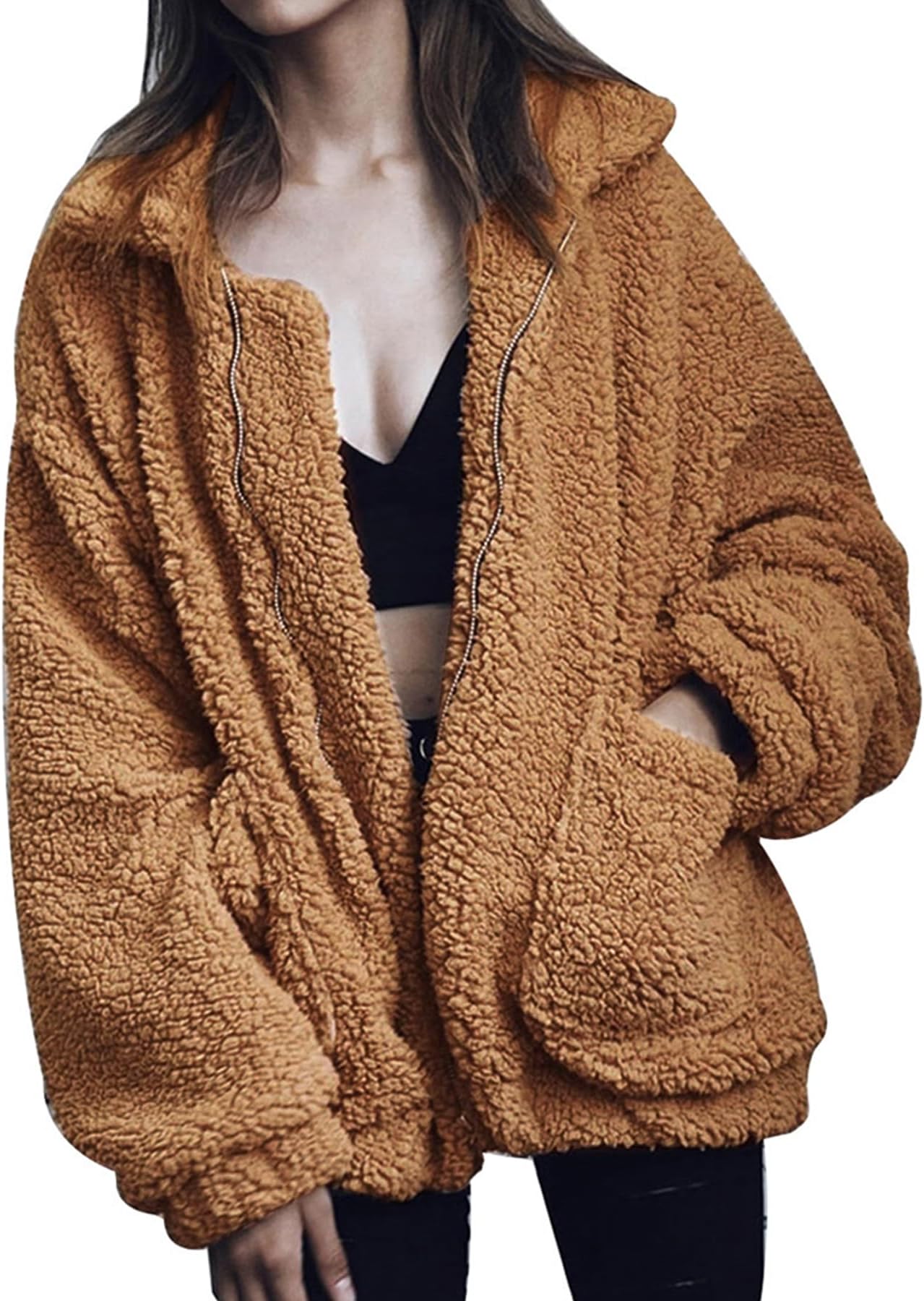 Winter Coats for Women Shaggy Fur Jacket Fuzzy Faux Shearling Zip Up Oversized Warm Shacket Outwear