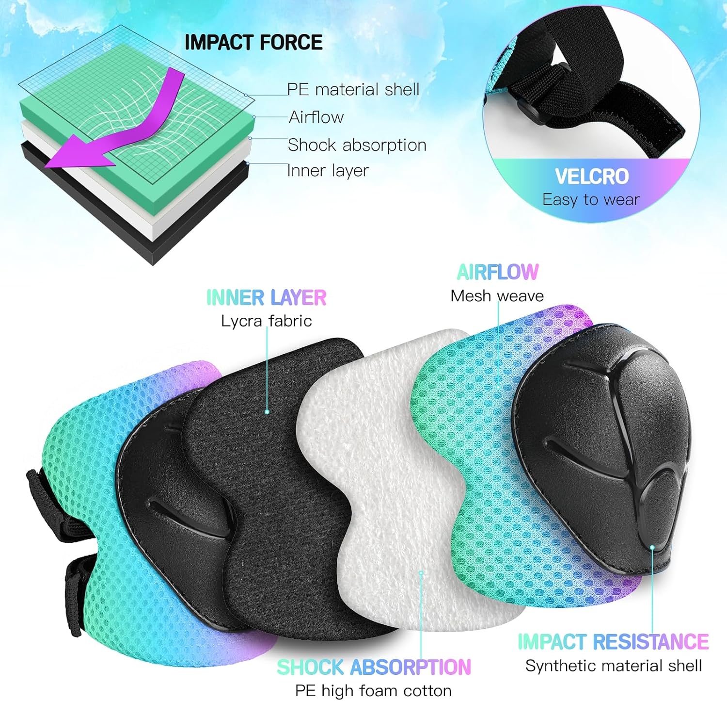 Toddler Kids Bike Helmet Set for Boys Girls Color Gradient Adjustable Skateboard Helmet Protective Gear Set Knee Elbow Wrist Pads for Bike, Roller, Scooter, Cycling, Balance and More Sports