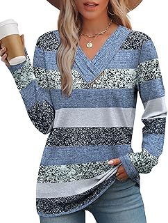 Long Sleeve Shirts for Women Fall Outfits V Neck T Shirts Button Down Tunic Tops Fashion Clothing