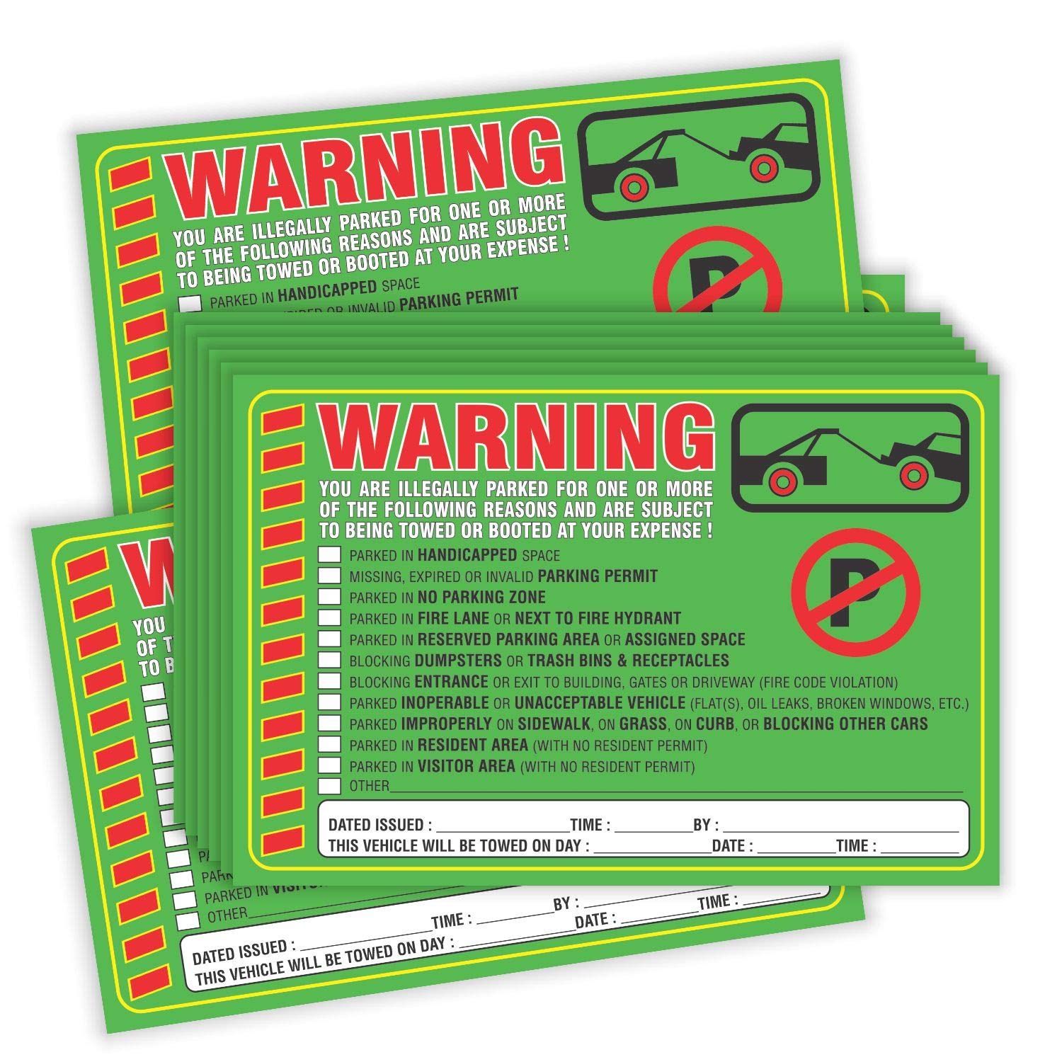 Amazon.com : Parking Violation Stickers Notice (Pack of 50) Tow Warning You  are Illegally Parked Multi Reasons - Large Size 6" X 9" – Green : Office  Products