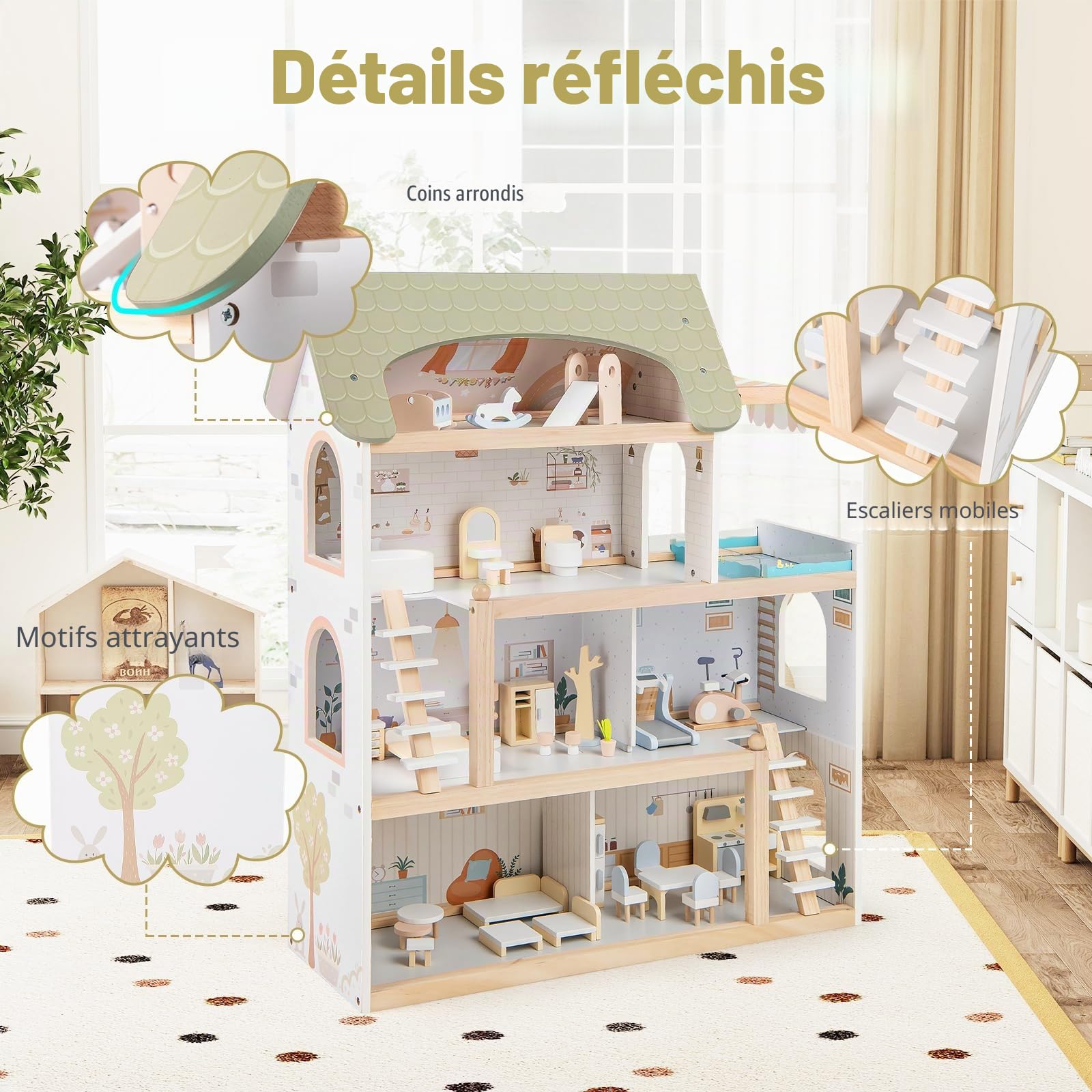 FANTASK Maison de poupée en Bois avec 33 Meubles, Balcon et Piscine, Villa de rêve, Maison de poupée pour Enfants, Cadeau de Jouet pour Filles et garçons à partir de 2 Ans