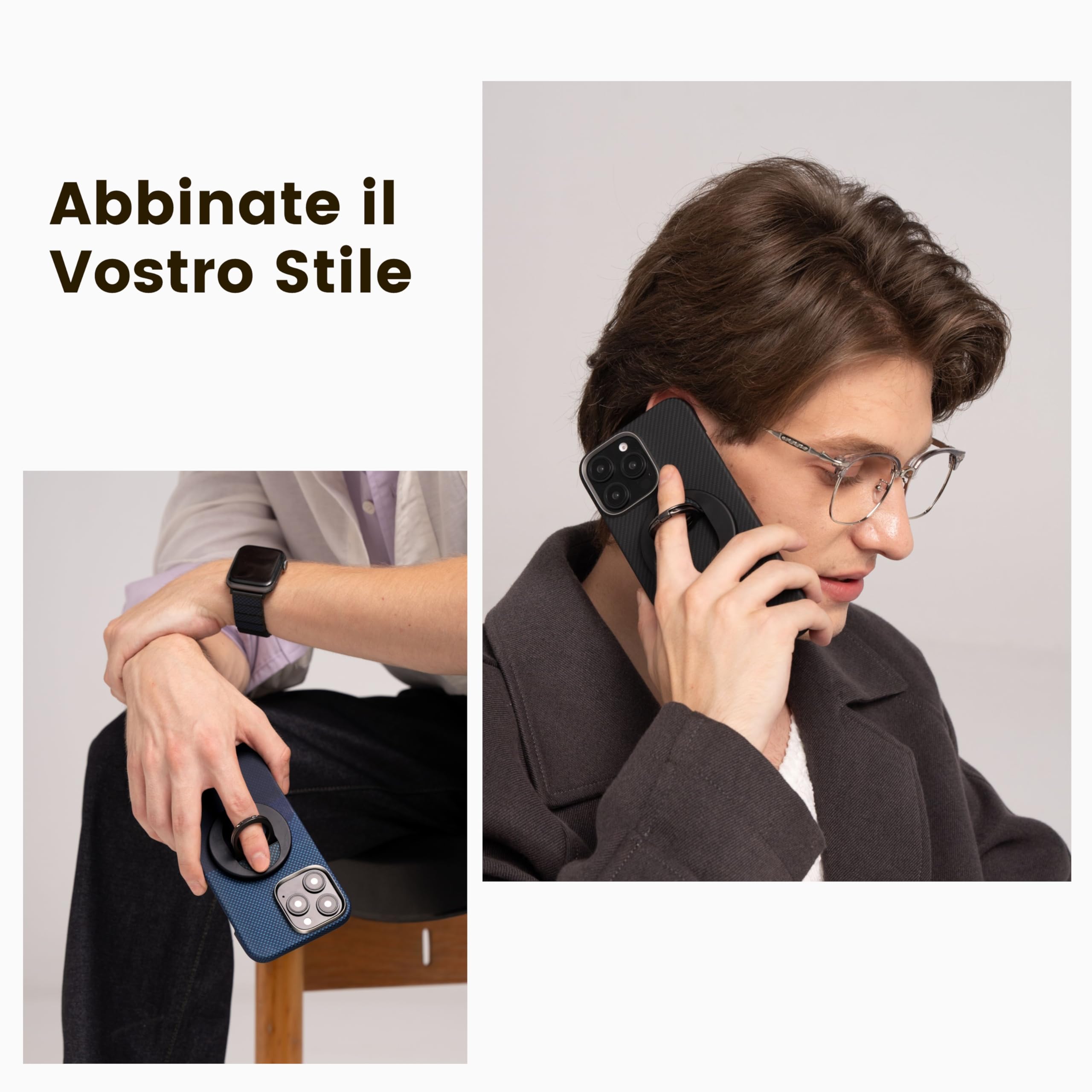 PITAKA Anello Magnetico Gancio Per Cellulare compatibile con il iPhone 16/15/14/13/12, Regolazione Supporto per Telefono compatibile con Magsafe, Leggero Impugnatura Stand [MagEZ Grip 3] Nero/Grigio