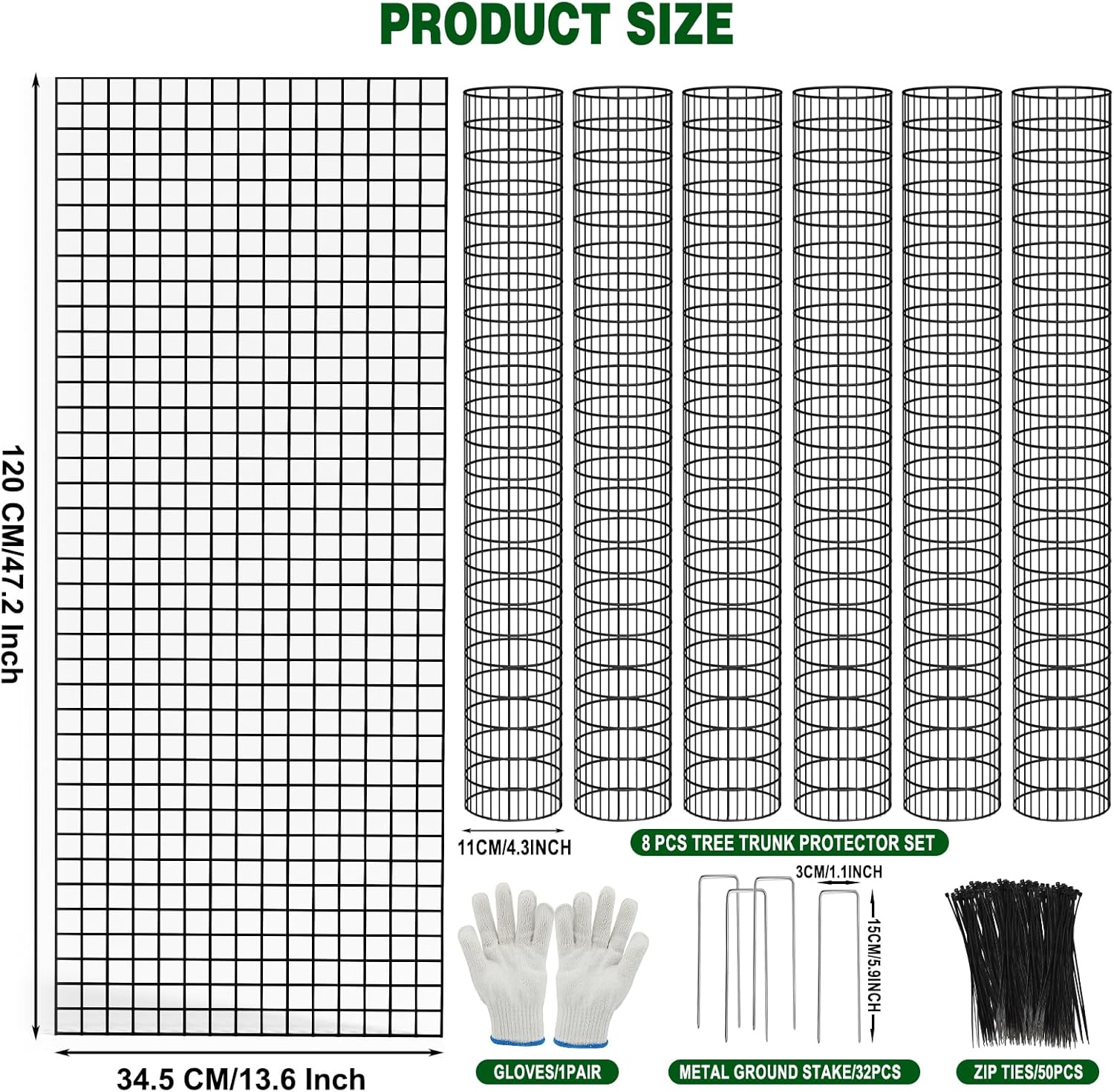 47” All-Metal Tree Trunk Protector Guard, 8 Pcs Mesh Tree Guards Trunk Protector with Zip Ties, Glove & Metal Stake, Tree Protector from Deer, Protect Bark & Saplings from Mower, Deer & Other Animals