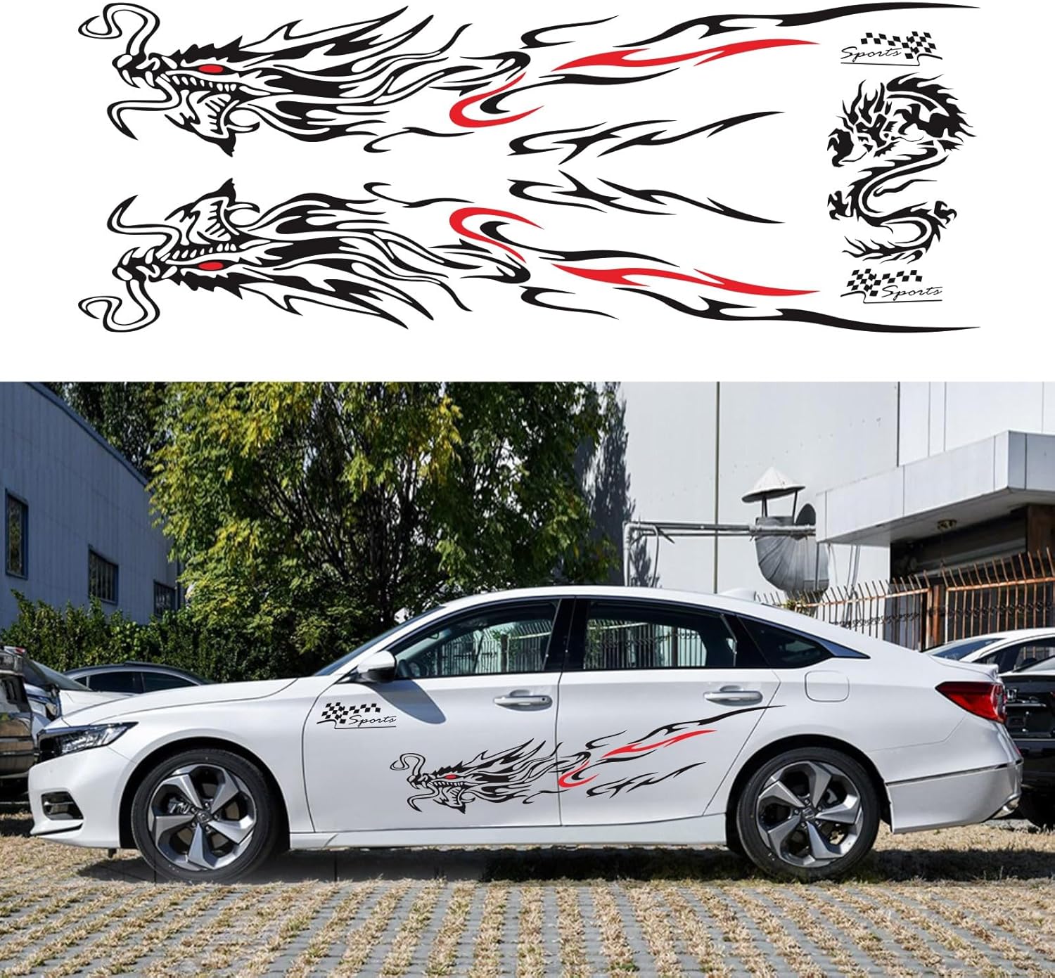 Car Decal Dragon Totem Vinyl Decal DIY Styling Decorated Car SUV Truck Hood Door Sides Window Bumper Decal Accessories 70 "(3PCS) (Glossy Black + red)