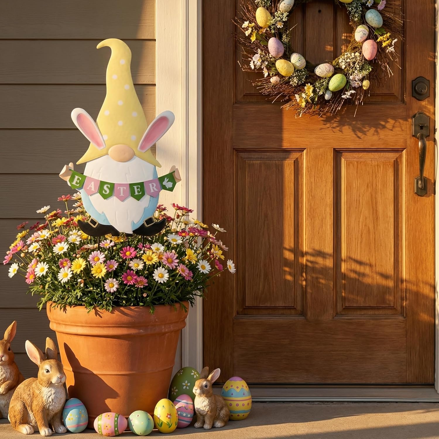 TERESA'S COLLECTIONS Easter Decorations Outdoor for Home, Metal Garden Gnomes Decor Yard Stakes, Pink & Blue Egg Rabbit Garden Stakes Gifts, Welcome Yard Signs for Outside Lawn Porch Patio