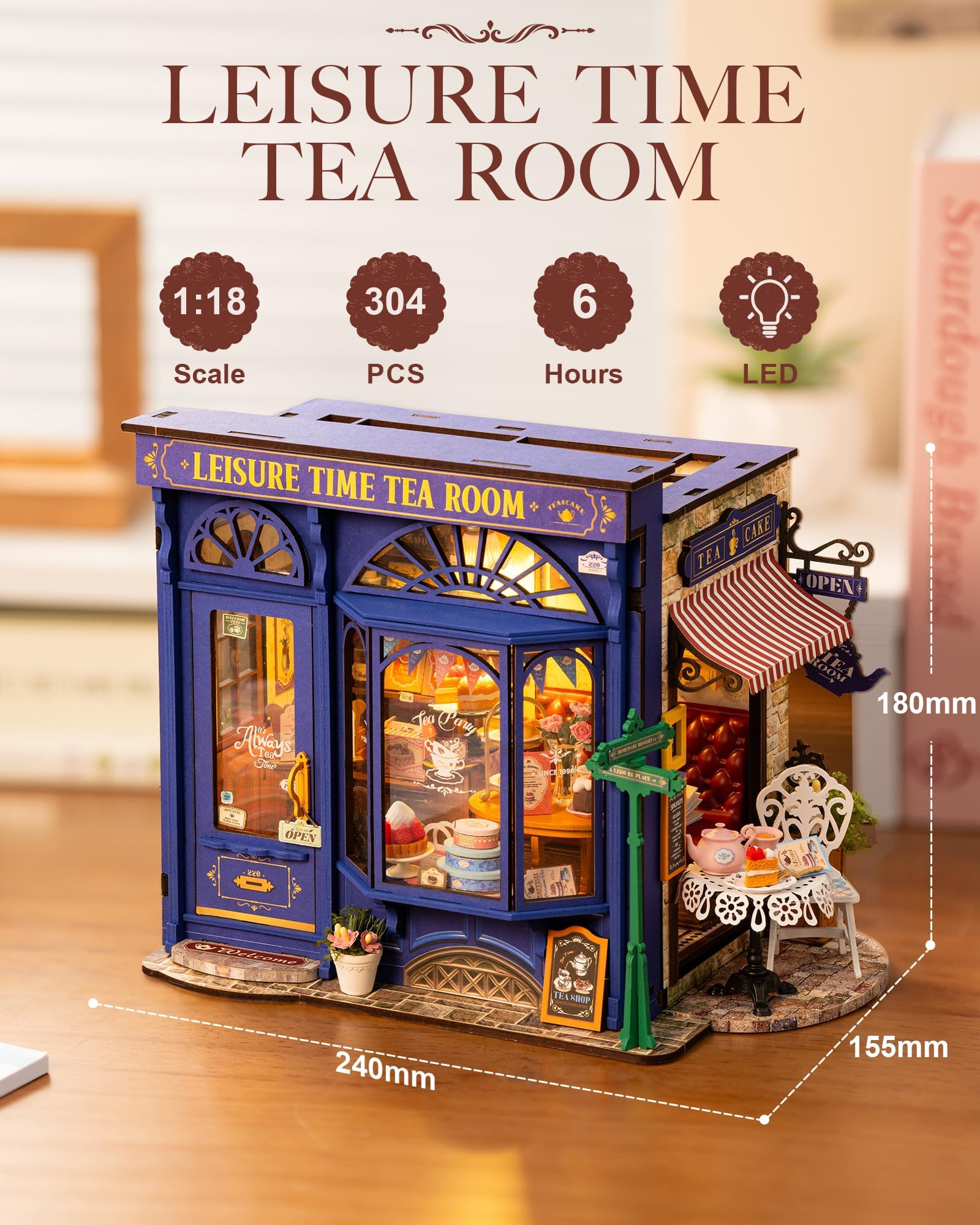ROBOTIME DIY Miniature House Casa de Muñecas Salón de té Leisure Time, Casa Miniatura para Montar de Madera con LED, Maqueta Miniatura Biblioteca Regalo para Adultos y Adolescente