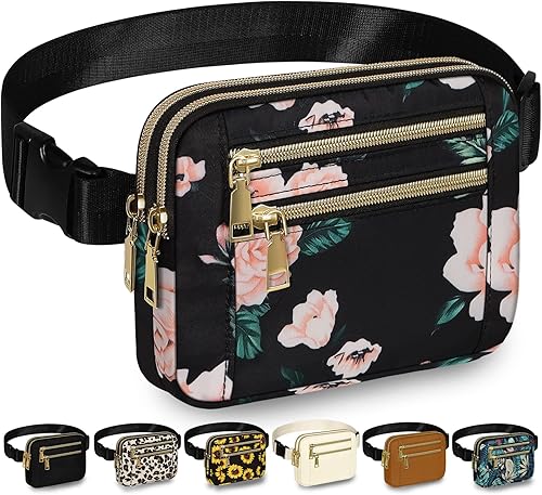 Capolo Riñoneras para mujer con correa ajustable y 4 bolsillos con cremallera, impermeable, para entrenamiento, correr, viajar, Flor negra, Riñonera