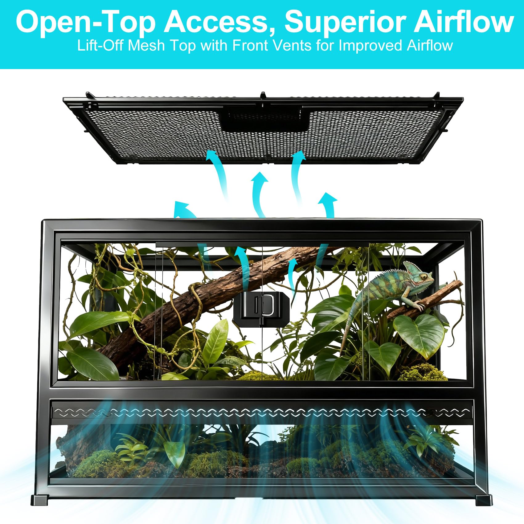 Terrario de cristal para reptiles de 22 x 14 x 12 pulgadas, tanque de apertura frontal con parte superior de malla, fácil montaje para pequeños reptiles, gecos, lagartos, serpientes, tortugas y más