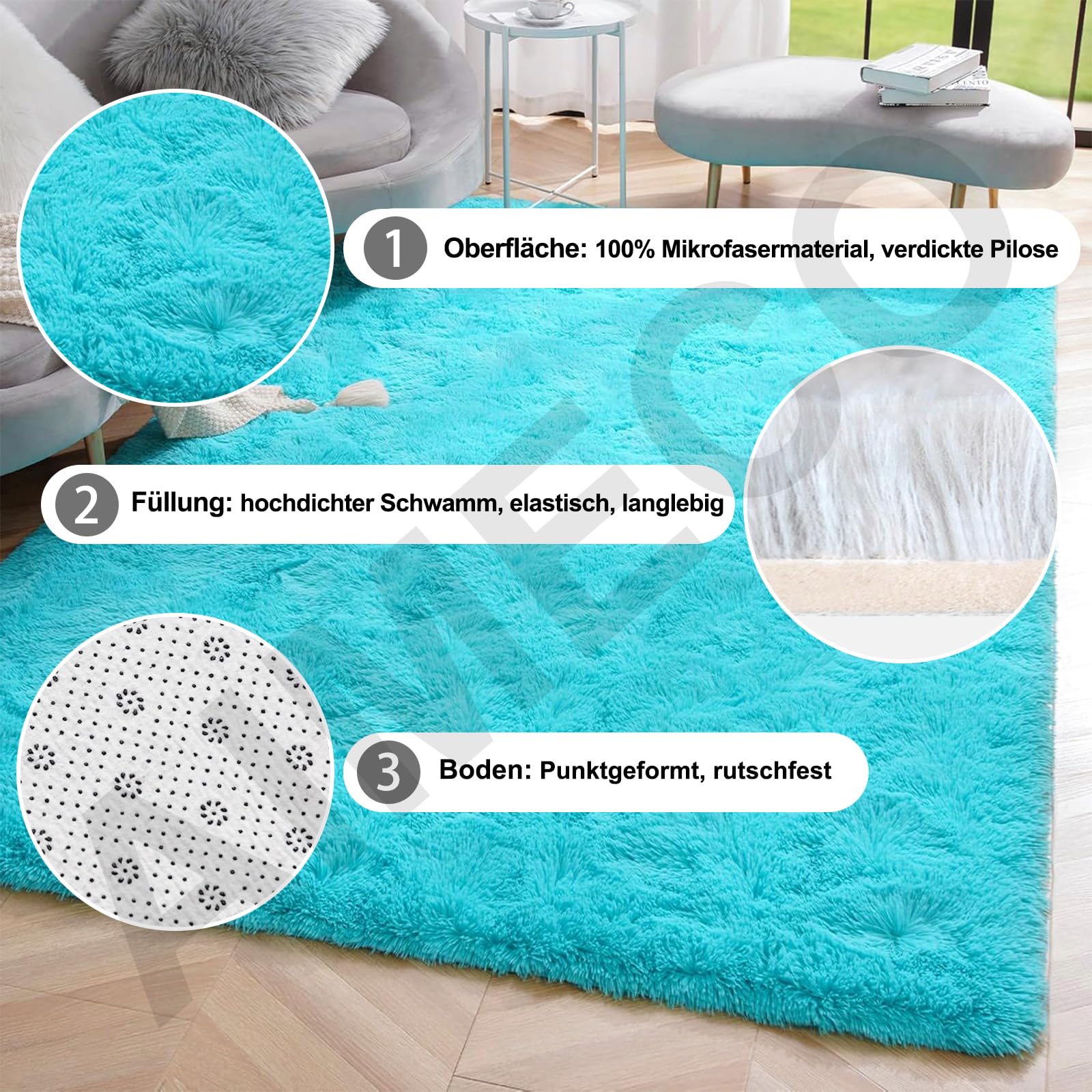 Alfombra mullida de pelo largo, color azul turquesa, 160 x 250 cm, antideslizante, ligera, estilo escandinavo, ideal para salón, dormitorio, habitación infantil