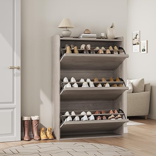 Miniatura 4 de GarveeHome Zapatero con 3 cajones abatibles, organizador de zapatos de madera con estante ajustable, almacenamiento de zapatos para entrada, armario