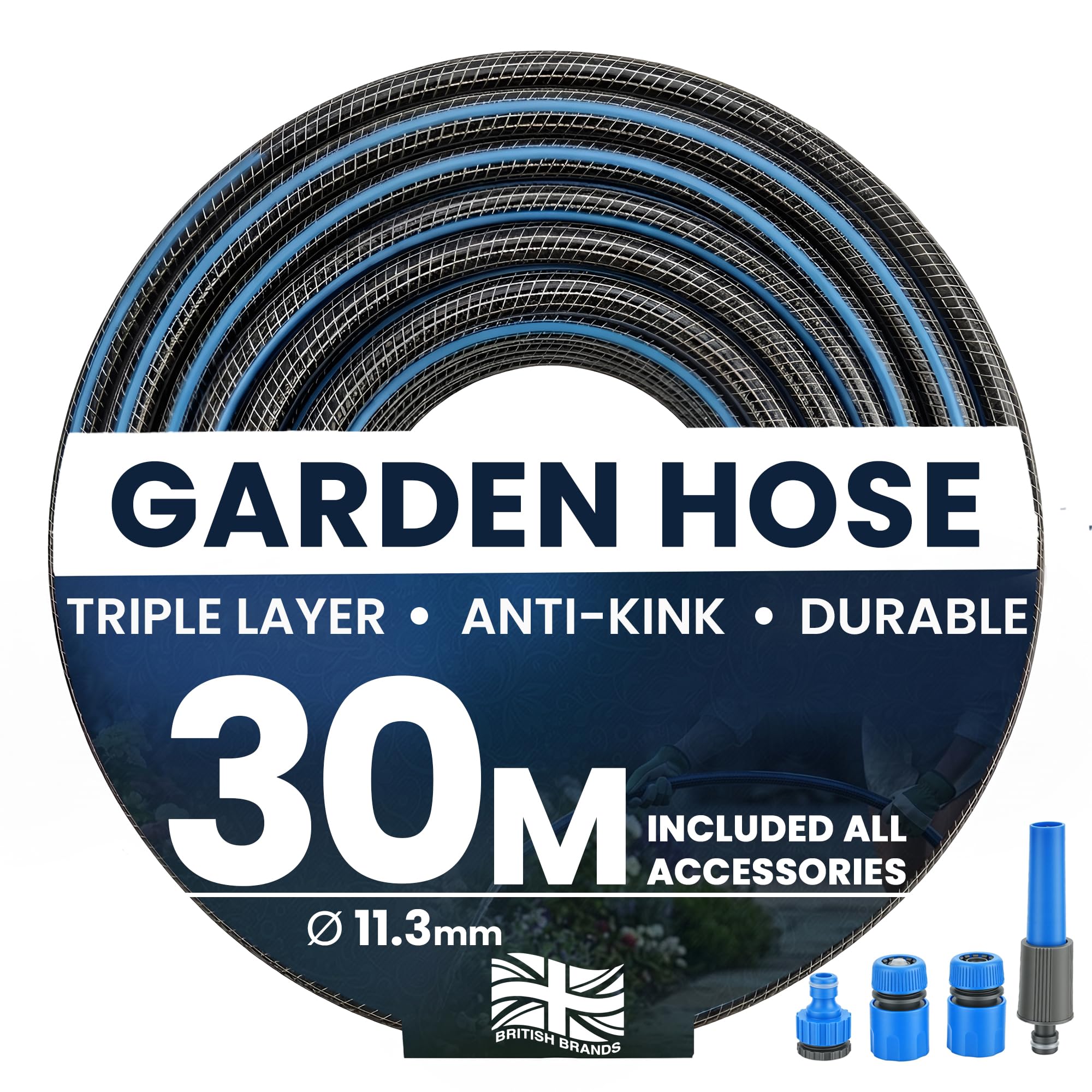 My Garden Outdoor Living Hose Pipe Anti Kink Hosepipe Inc 4 Connectors - 11.3Mm Dia - Durable Triple Layer Water Hose With Spray Nozzle - 30 M