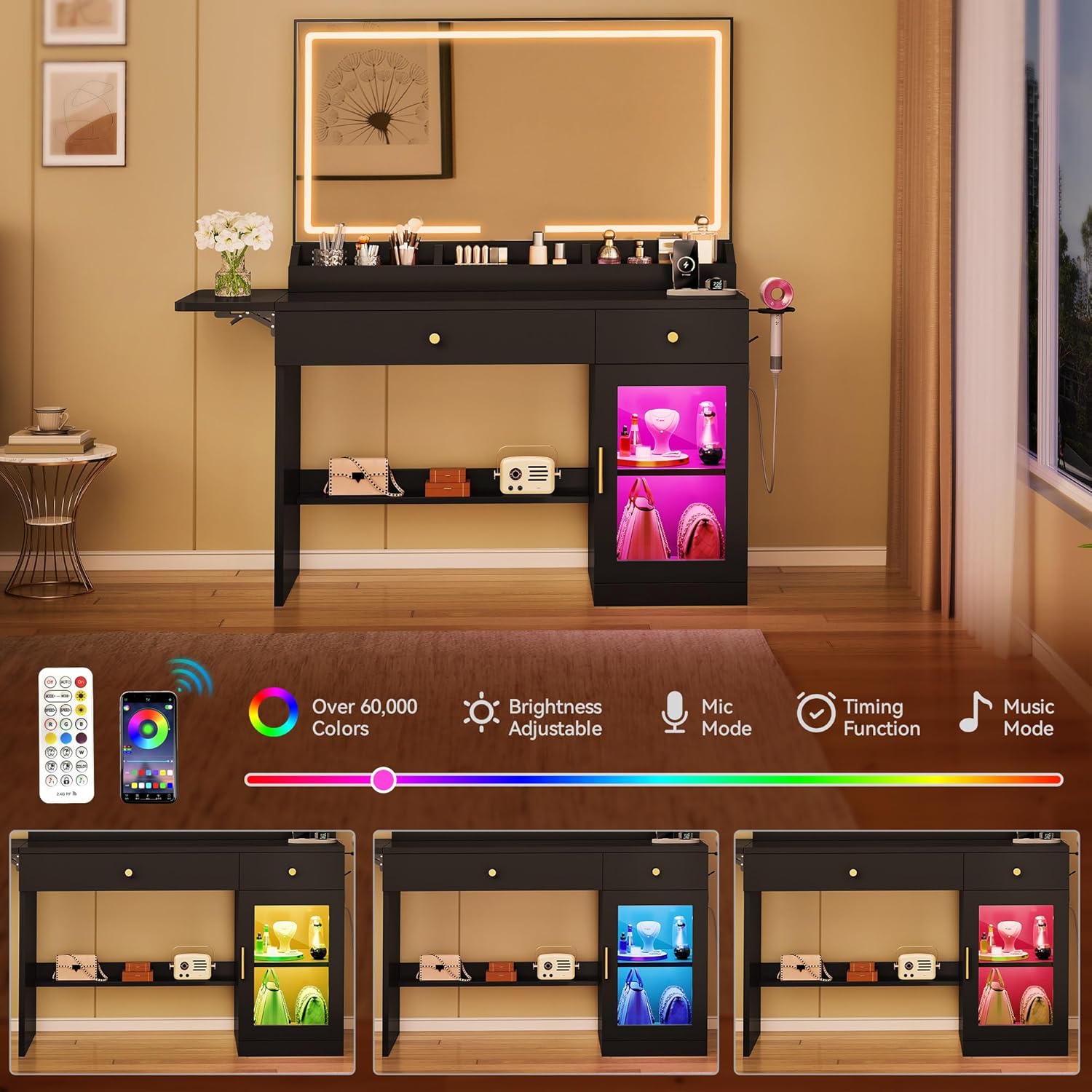 Image showing the RGB cabinet lighting with various color options and remote control features like brightness adjustment, mic mode, timing, and music mode.