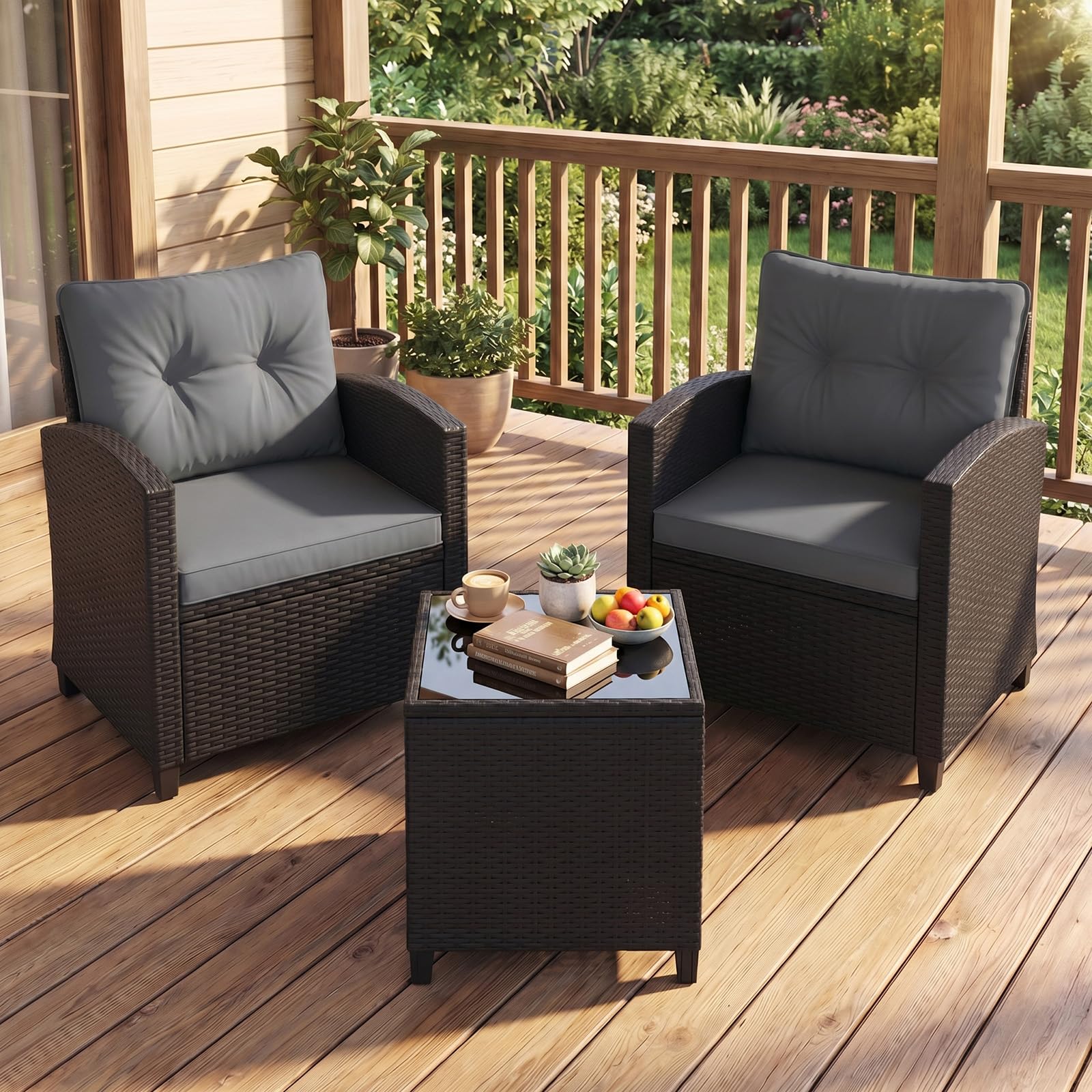 COSTWAY 3-TLG. Rattan Gartenmöbel Set, Balkonmöbel mit Kissen, 2 Stühlen und Tisch, Polyrattan Balkonset, Terrassenmöbel, Gartengarnitur, Sitzgruppe für Terrasse, Balkon, Garten (Grau)