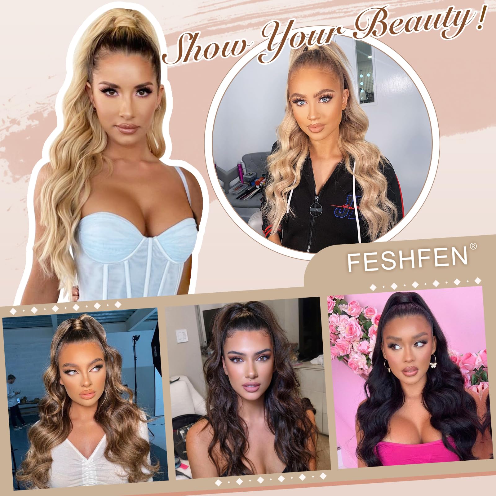 FESHFEN Queue de Cheval Cordon Longue Bouclé Ondulées Ponytail Cheveux Naturel Postiche Extension Synthétique Rajout Drawstring Ponytail Extensions pour Femmes, Noir Naturel 60 cm