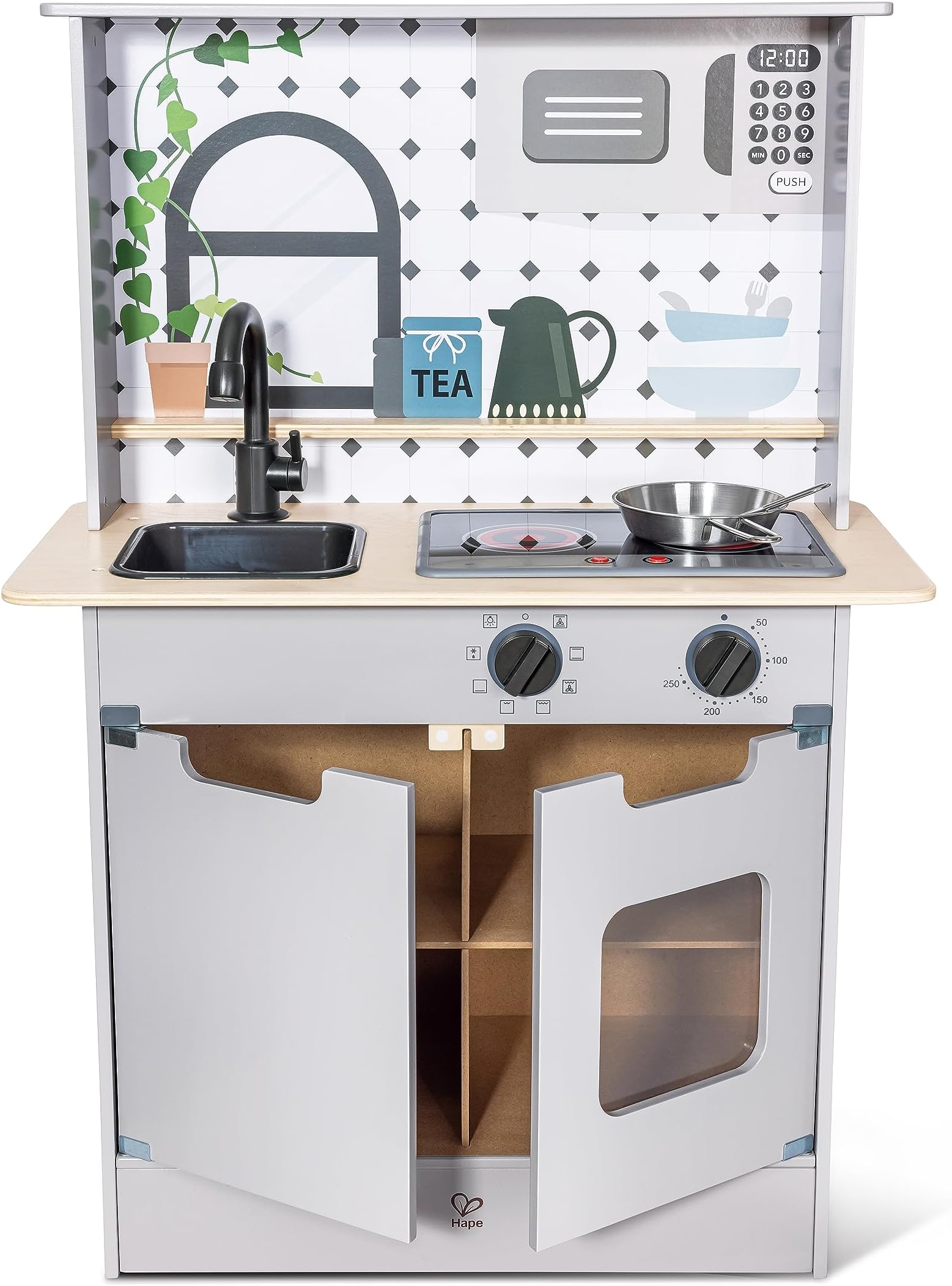 Light & Sound Kitchen Playset | Toddler Wooden Cooking Toy with Stainless Steel Accessories, Sink, Light-Up Stove & Realistic Sounds, Role Play, Imagination & Creativity for Ages 3+