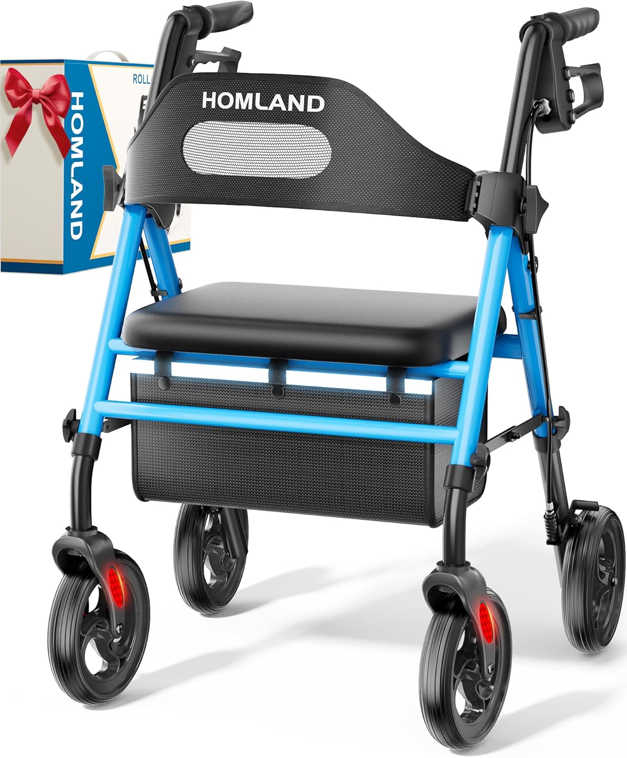 HOMLAND Foldable Rollator Walkers with Seat for Seniors, 8'' Big Wheels, 350 lb. Weight Capacity, Adjustable Handles and Seat Height, Lightweight Rolling Walker, Light Blue 350 Pound Light Blue