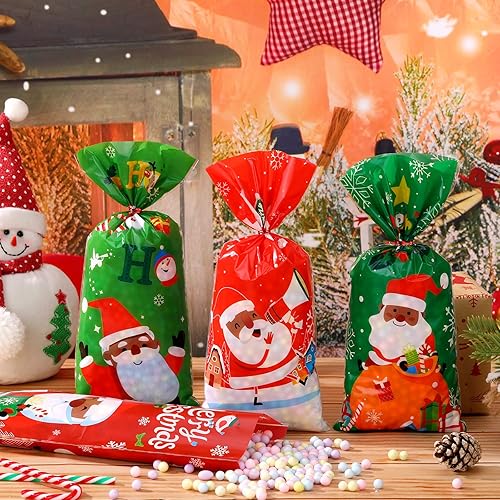Miniatura 3 de Spiareal 200 bolsas de dulces de celofán de Navidad, a granel, regalo de Navidad, bolsas de palomitas de maíz, de plástico, Papá Noel, sombrero de