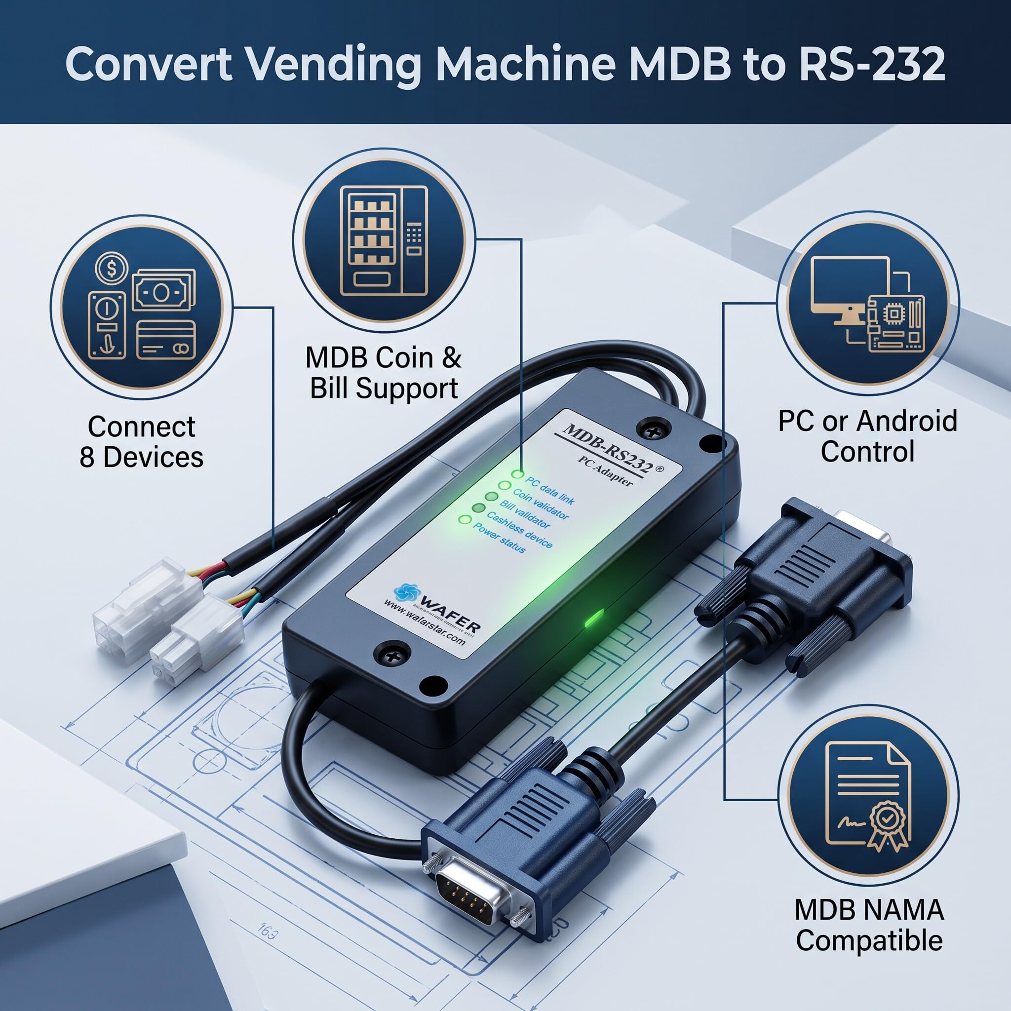 MDB-zu-RS232-Konverter, ABS-Kunststoff MDB-Zahlungsgerät zu PC-Konverter RS232-Adapter Bill Acceptor Computer Serial Port Transfer Box Zum Anschließen von MDB-Münzempfängern