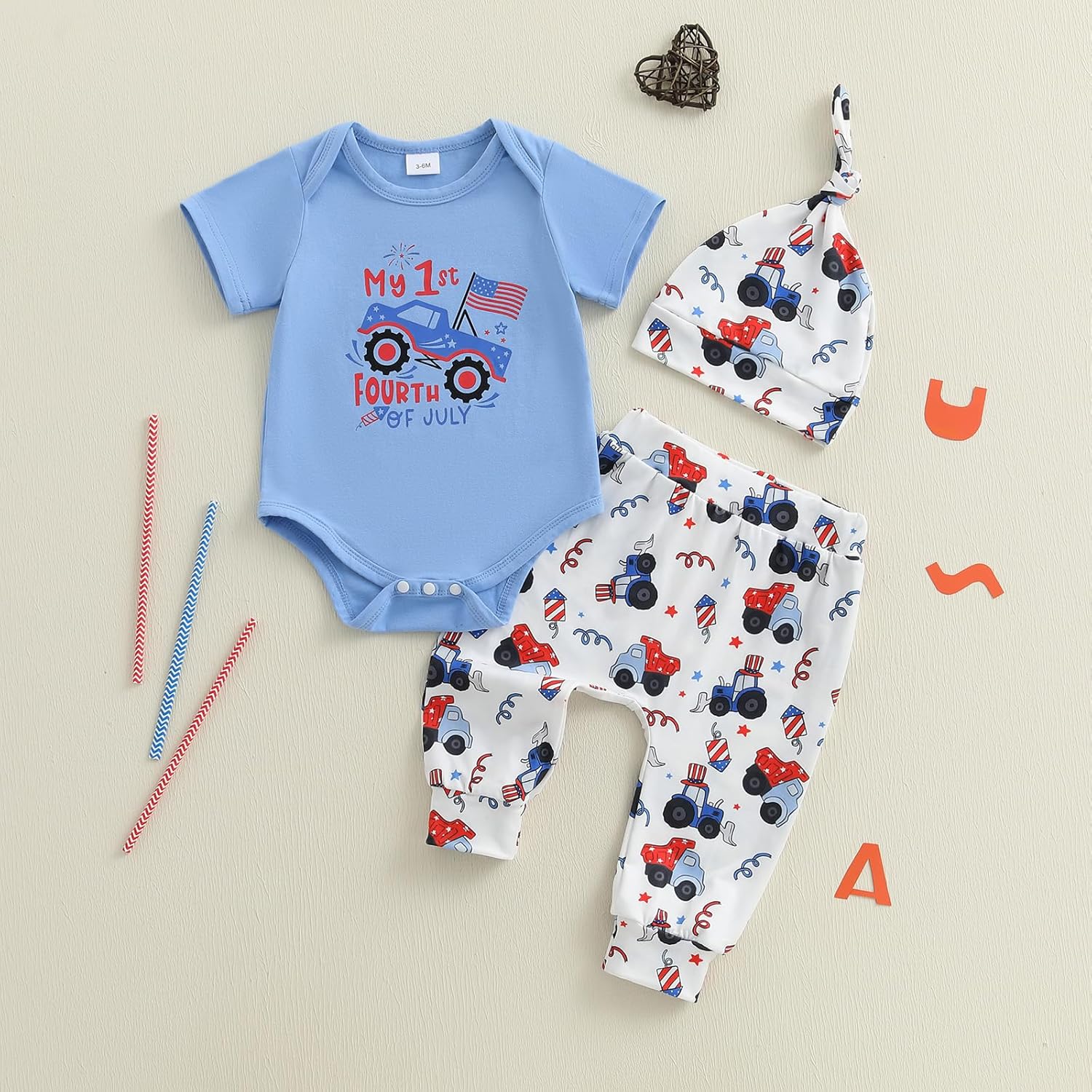 Newborn Baby Boy 4th of July Outfit Letters American Flag Romper Truck Pants Hat Sets Independence Day Clothes - Image 3