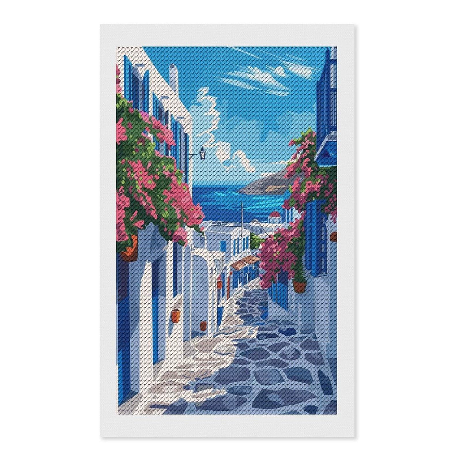 Junmoney Greek Island Illustration DIY Diamond Art Canvas Kit 12"x20", Farmhouse Decor, Vintage Style Decor, Handmade Wall Decor, Canvas Picture