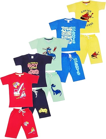CRAZYON Boys Roundneck t Shirt Shorts 3/4 Set Dress Combo Pack of 5