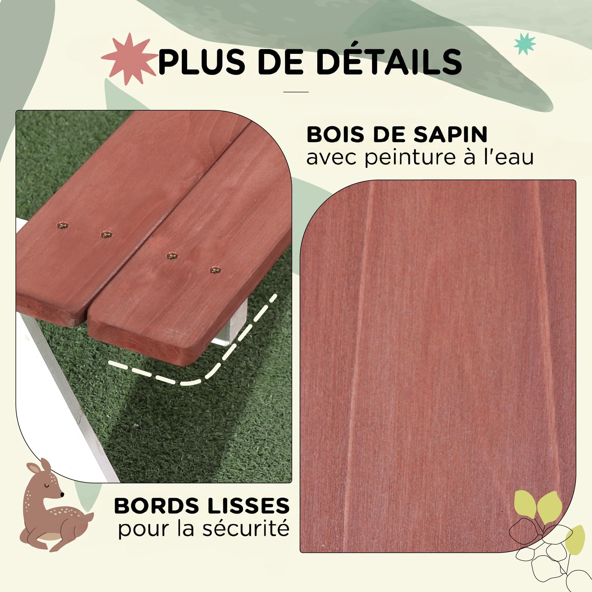 Outsunny Table de Pique-Nique pour Enfants avec 2 bancs | Table pour le jardin en bois massif, 89L x 79l x 50H cm, marron et blanc