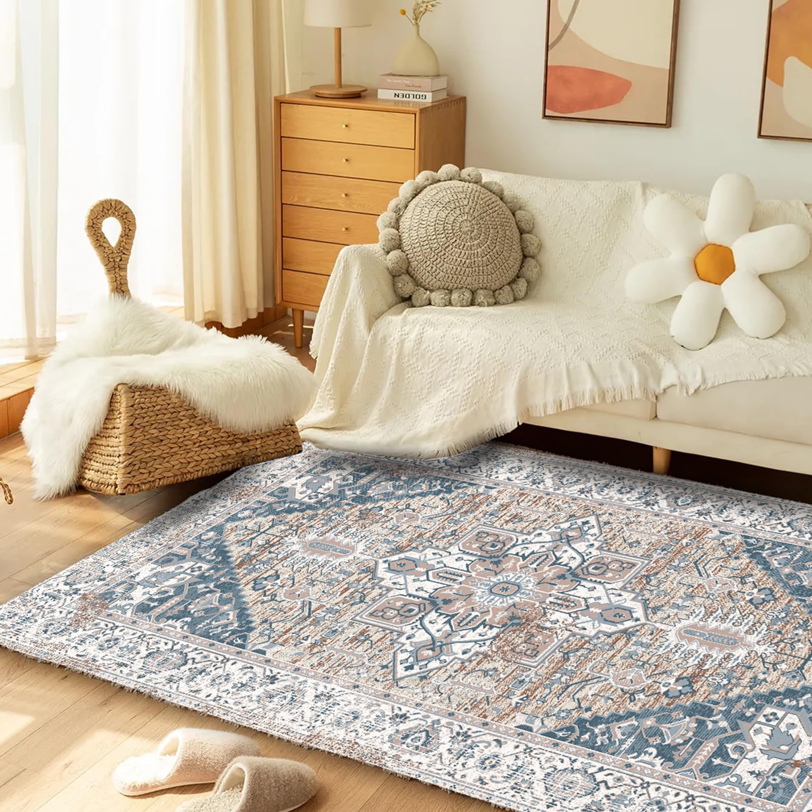 Tapis Lavable Tapis in & Outdoor Tapis Balcon Terrasse Tapis de Cuisine, Moderne Motif Boho Ethno Tapis Salon Chambre(Vintage Blue, 160 X 230 cm)