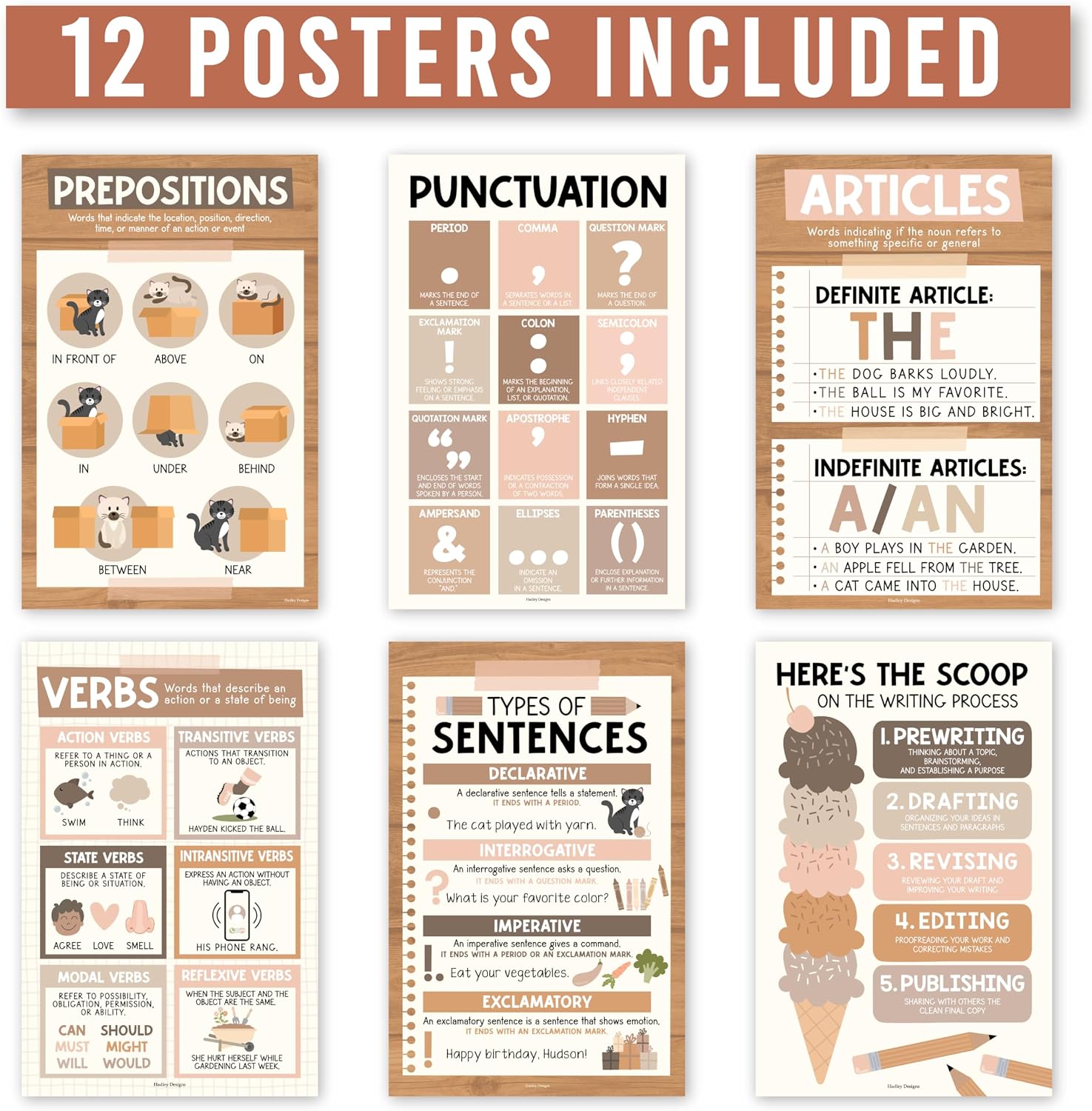 Parts of Speech Posters for Classroom Must Haves - 12 Grammar Posters, Writing Process for Homeschool, Elementary & Middle School, ELA 3rd 4th & 5th Grade Teacher Must Haves, Boho Classroom Decor