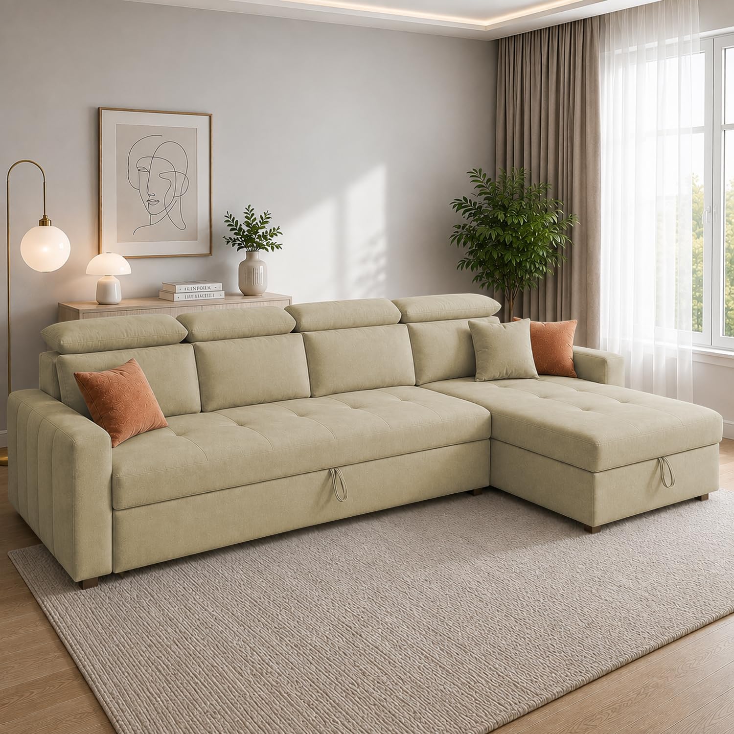 Casaliving Gagnon RHS 6 Seater L Shape Corner Sofa Cum Bed for Living Room with Storage (Beige Fabric) Premium Fabric Sofa Cum Bed-picture-36