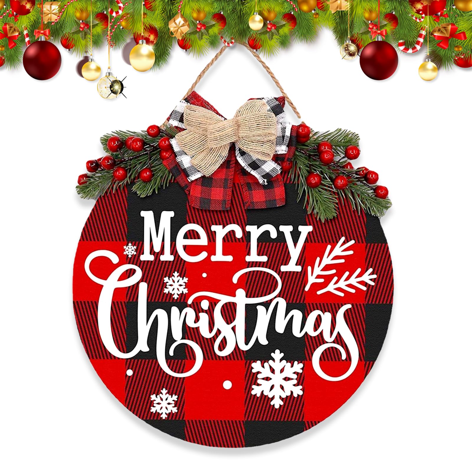Cartel de bienvenida de Navidad para puerta de casa, cartel de bienvenida en la puerta de madera de Navidad, redondo, rojo, decoración colgante, coronas de bienvenida, 30 cm