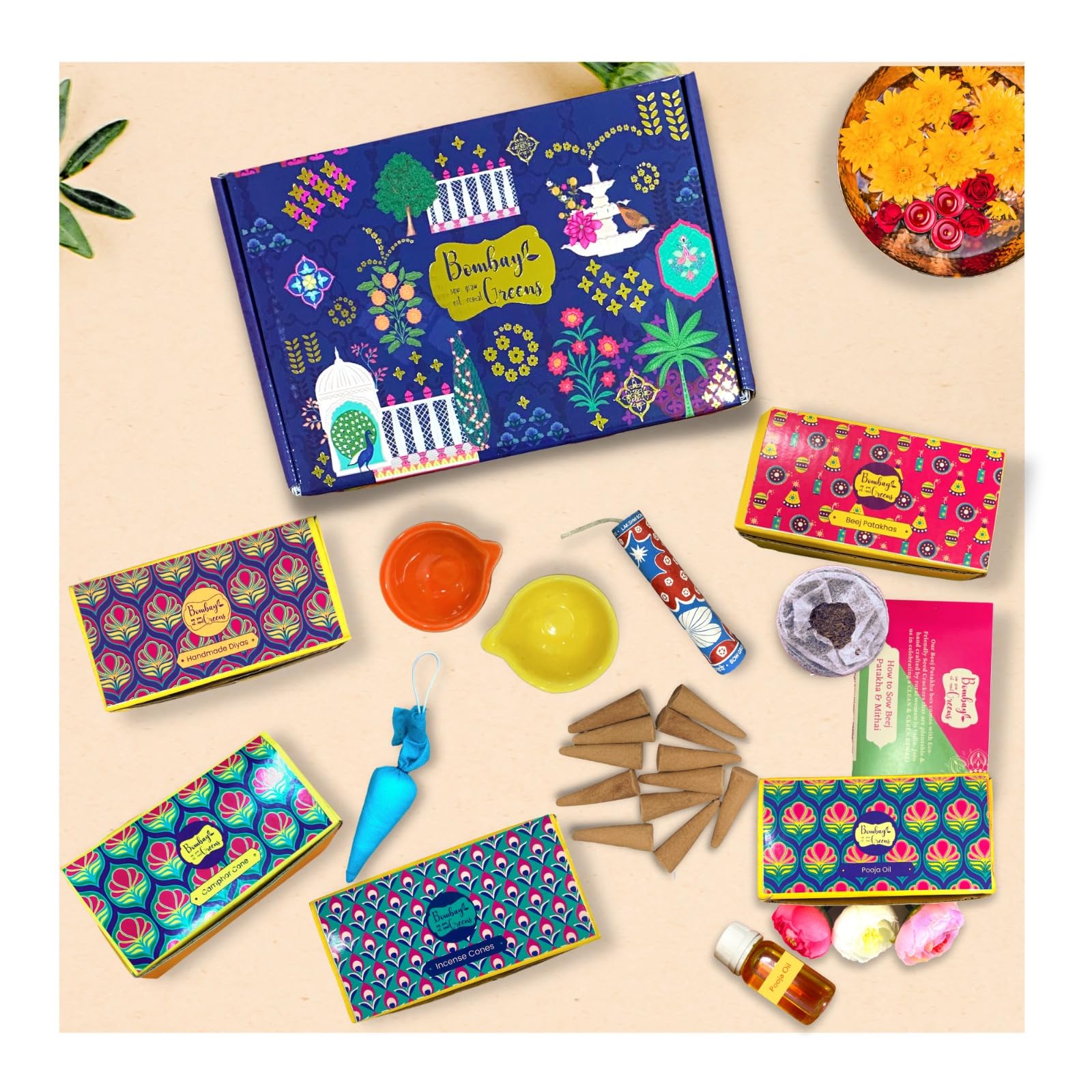 Bombay Greens Diwali Gift Hamper -5 in 1 Diwali Puja Kit (Combo Gift Pack - 5) Ceramic Diyas | Camphor Cones | Beej Patakhas | Incense Cones & Pooja Oil (B0CLB4349L) Amazon Price History, Amazon Price Tracker
