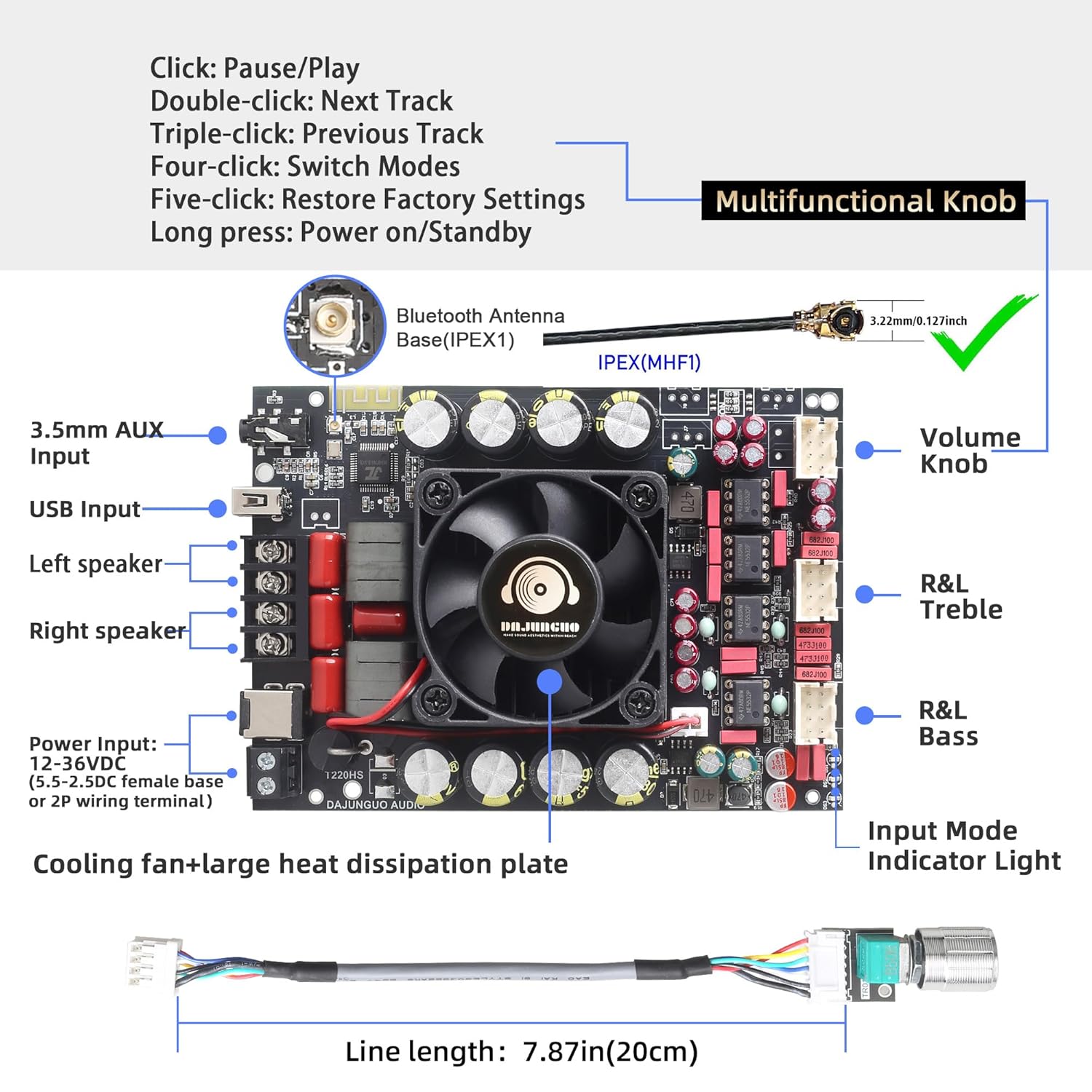 T220HS-W Power Amplifier Board 2.0 Channel 220W×2 with Treble and Bass, 12V-36V Audio Power Amplifier Module with Front Panel