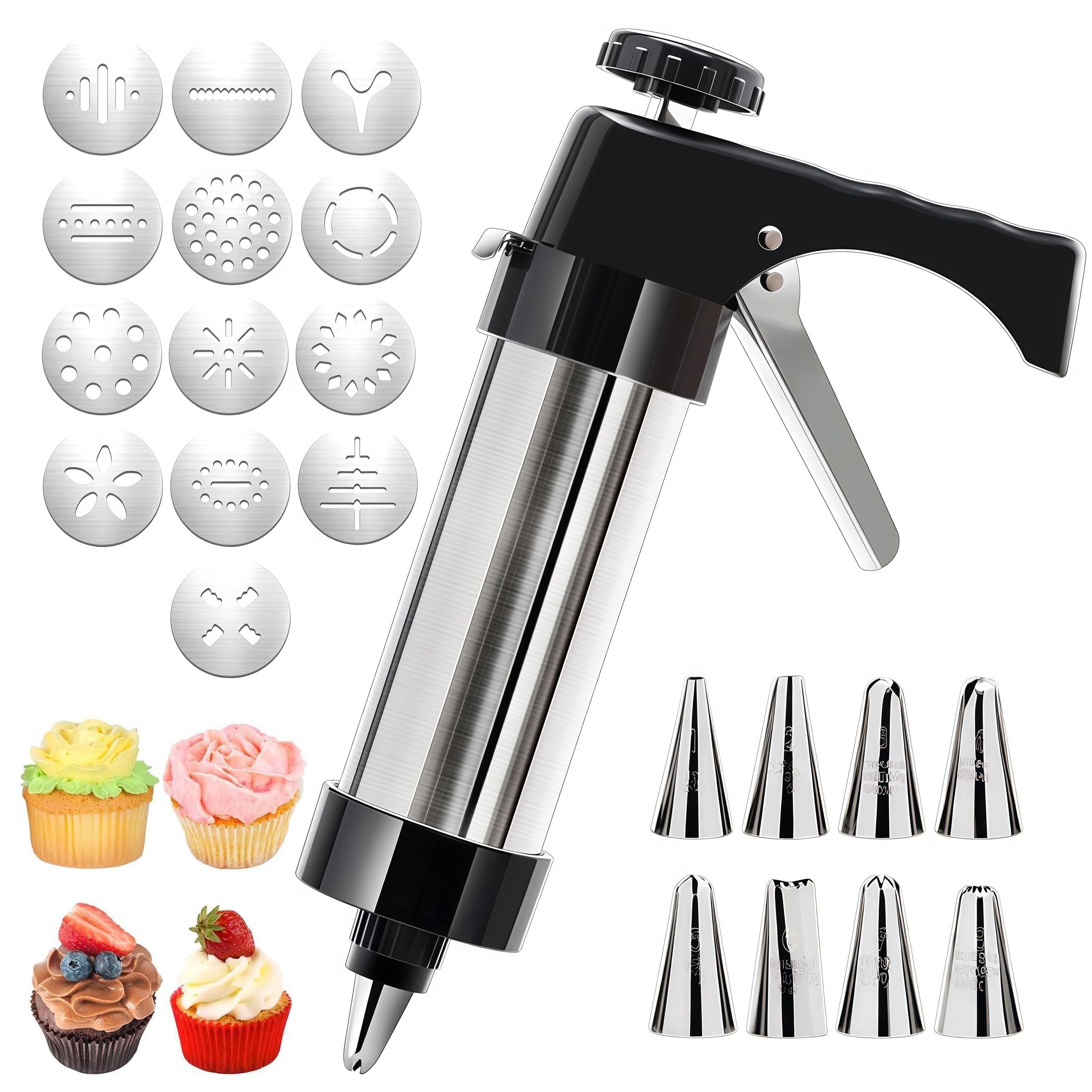 EduPlayte Tainless Steel Cookie Press Gun Kit with 13 Cookie Discs & 8 Piping Tips, Cookie Press Gun Kit for DIY Holiday & Everyday Baking,Essential Baking Supplies, Mother's Gift (black)